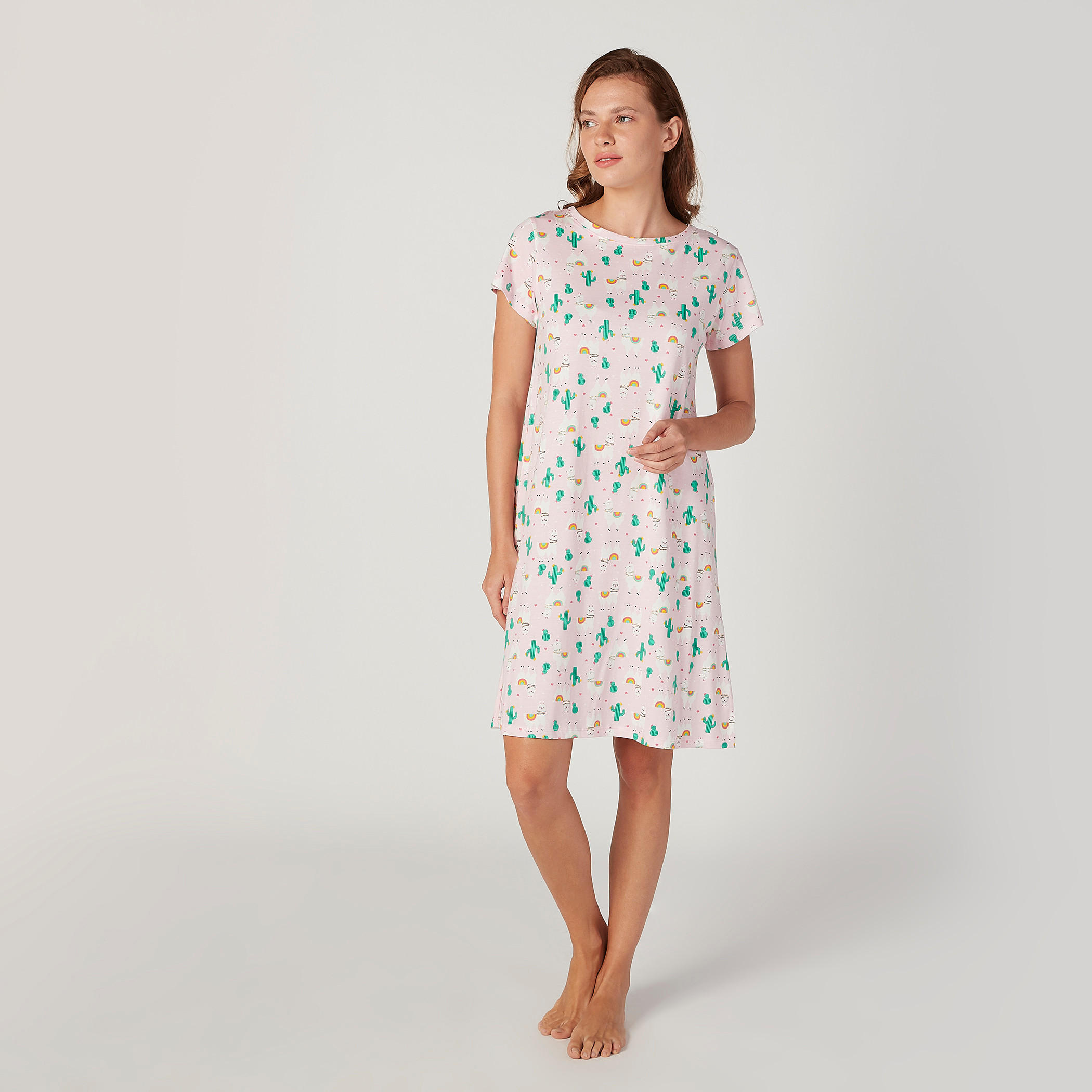 قميص نوم بياقة مستديرة وأكمام قصيرة وطبعات - طقم من قطعتين-women-clothing-nightwear-nighties-image-3