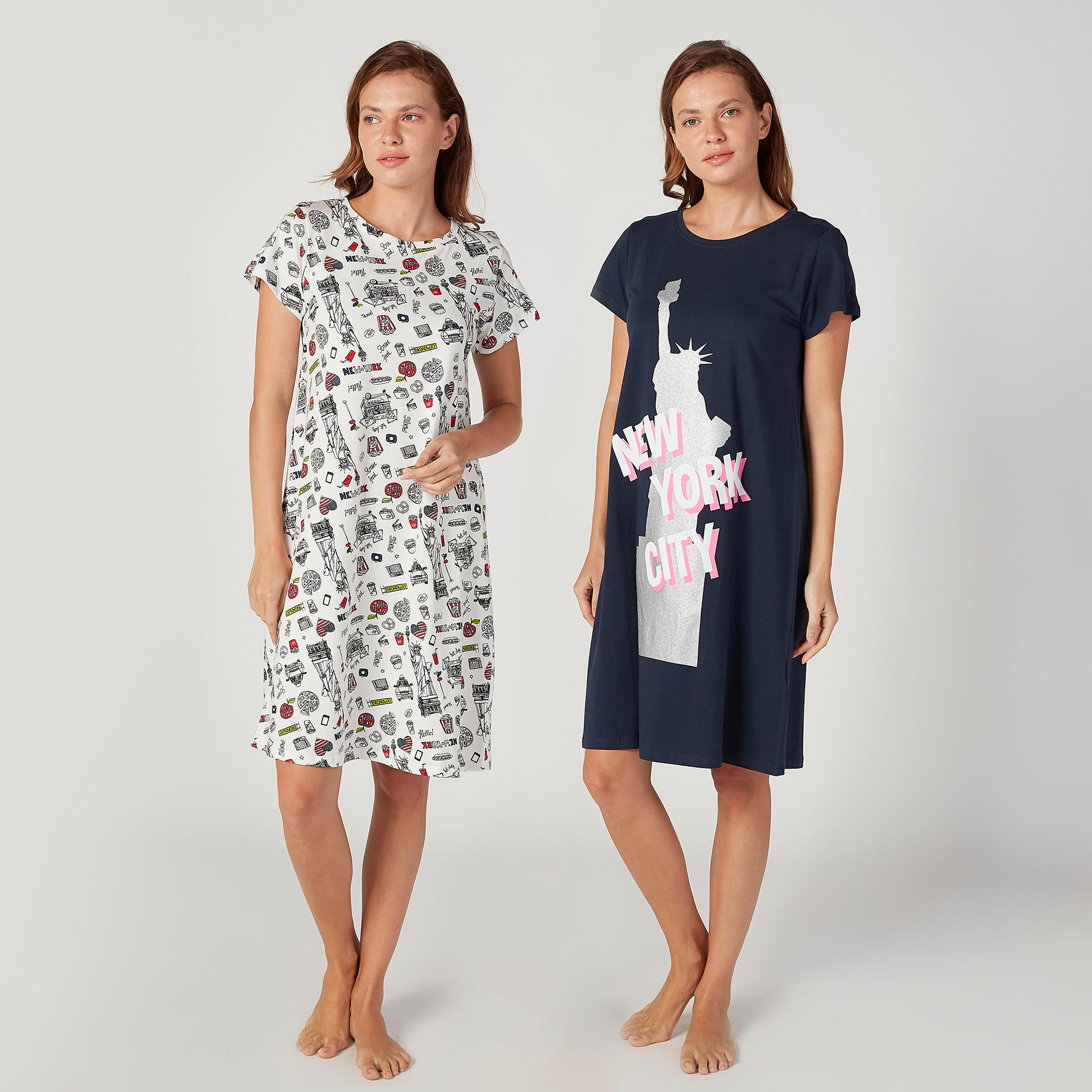 قميص نوم بياقة مستديرة وأكمام قصيرة وطبعات - طقم من قطعتين-women-clothing-nightwear-nighties-image-1
