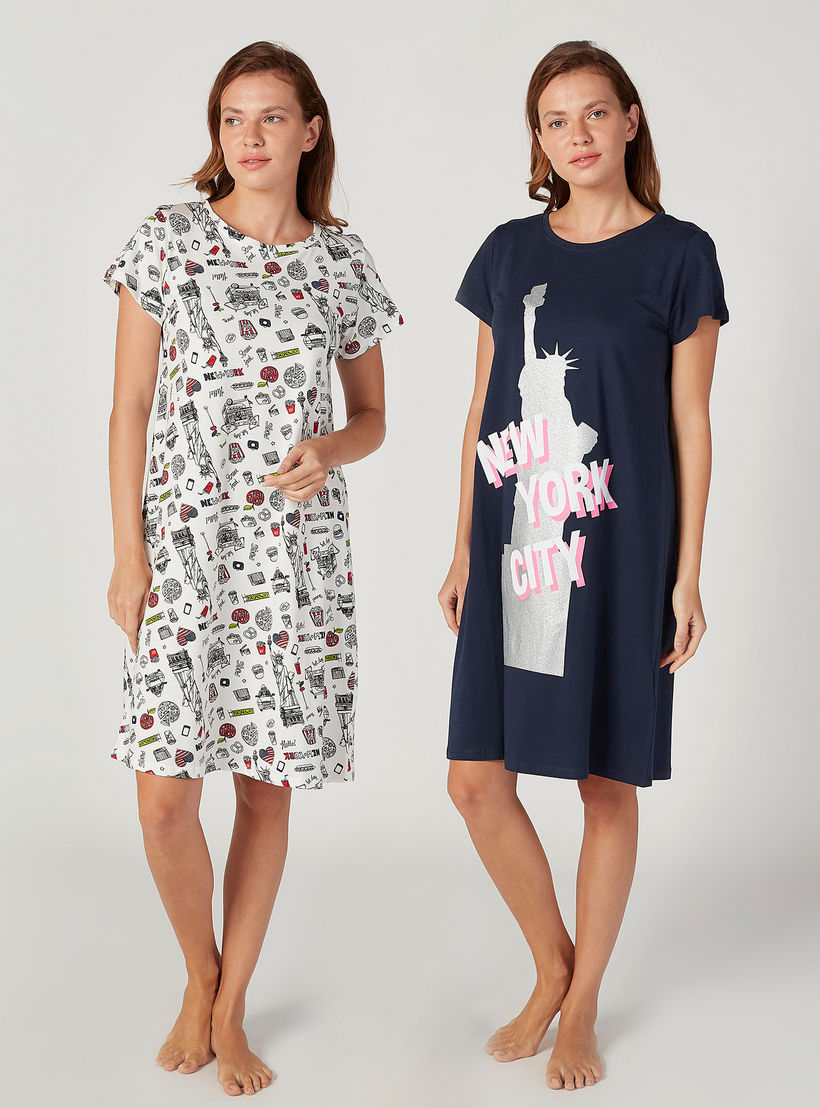 قميص نوم بياقة مستديرة وأكمام قصيرة وطبعات - طقم من قطعتين-women-clothing-nightwear-nighties-image-1