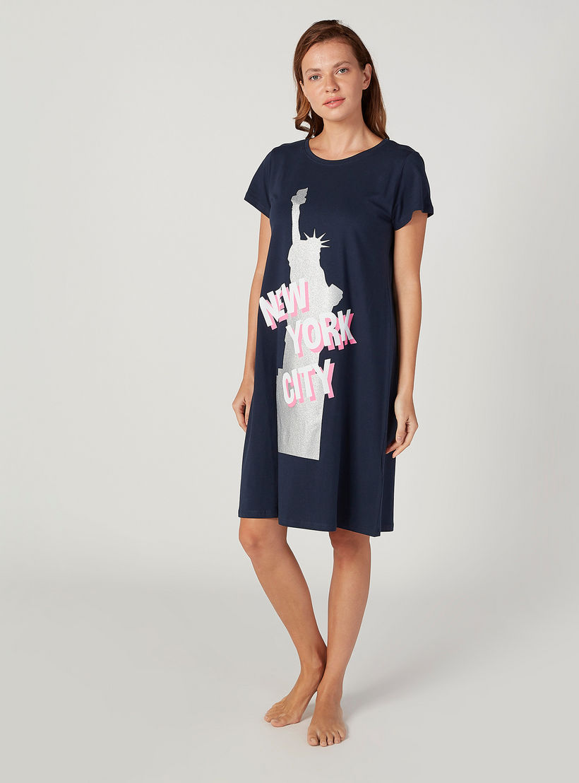 قميص نوم بياقة مستديرة وأكمام قصيرة وطبعات - طقم من قطعتين-women-clothing-nightwear-nighties-image-3