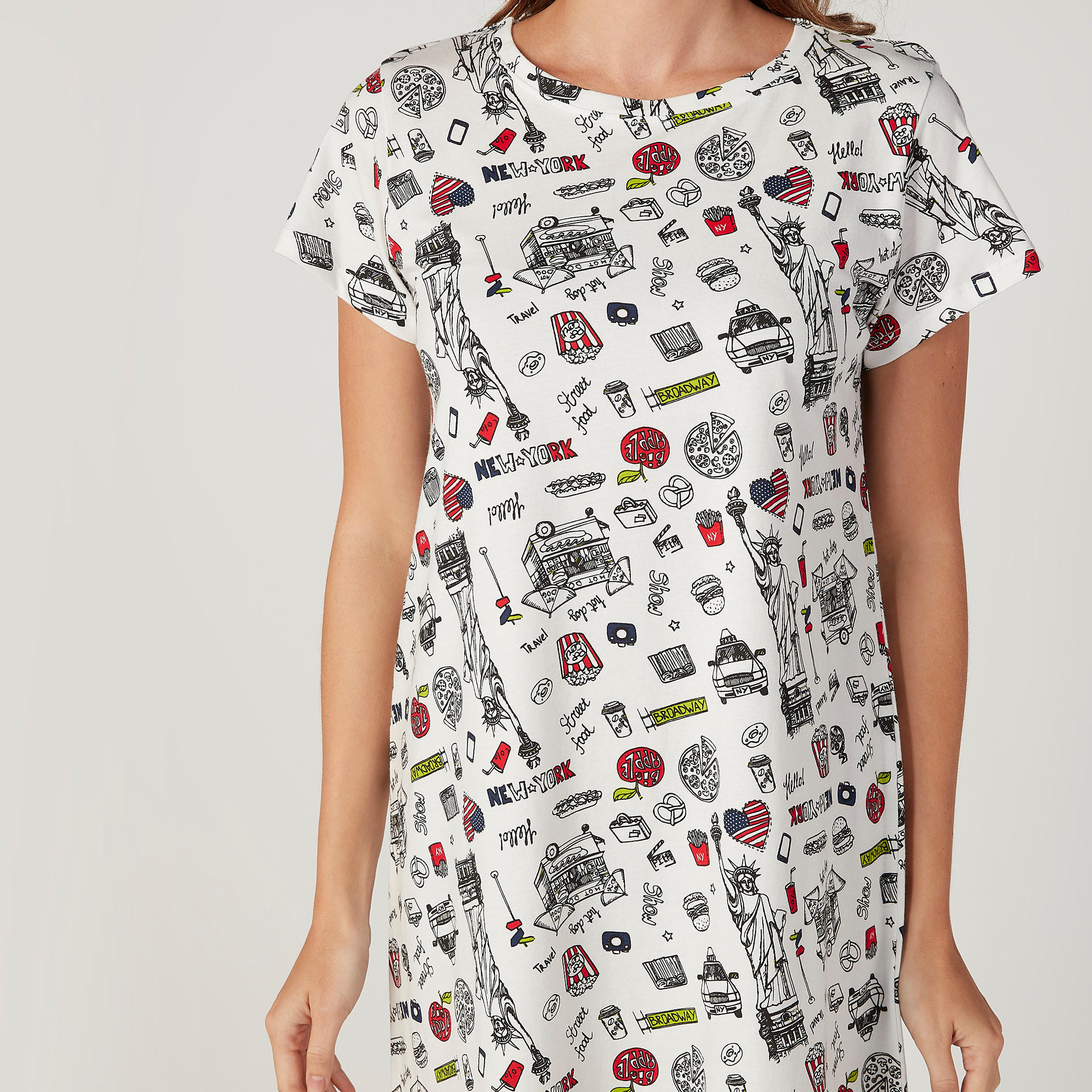 قميص نوم بياقة مستديرة وأكمام قصيرة وطبعات - طقم من قطعتين-women-clothing-nightwear-nighties-image-6