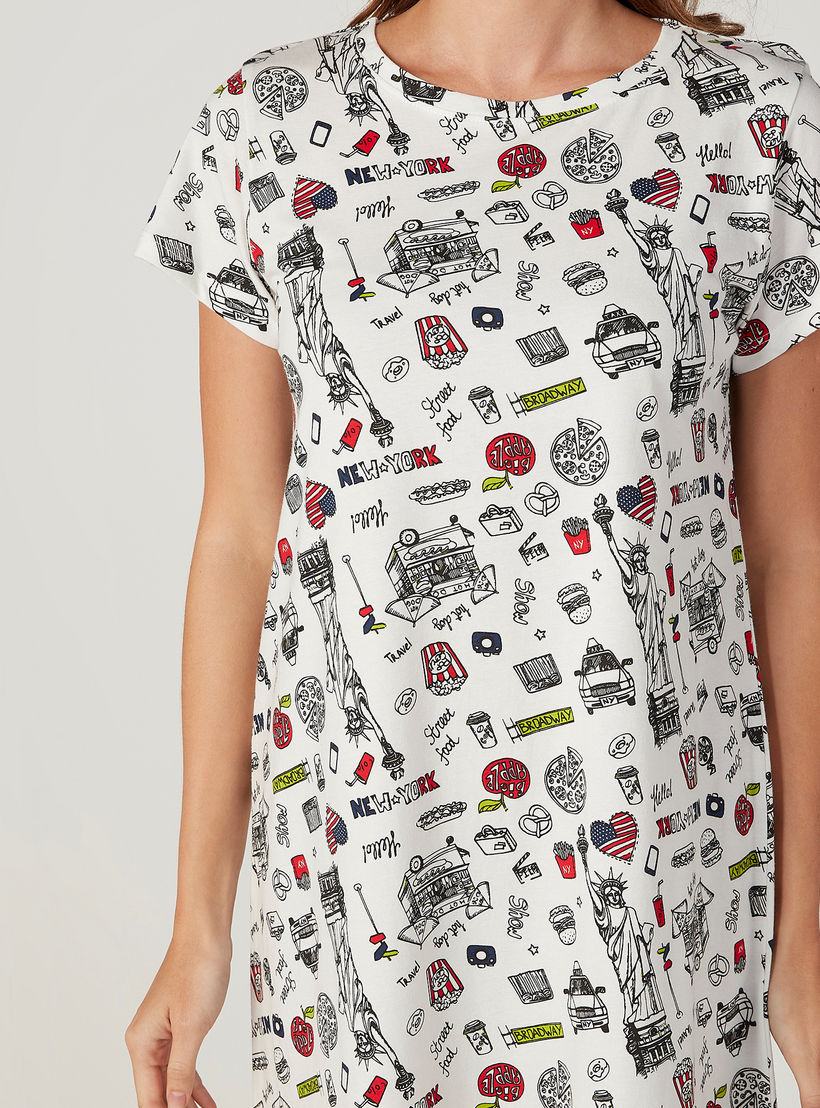 قميص نوم بياقة مستديرة وأكمام قصيرة وطبعات - طقم من قطعتين-women-clothing-nightwear-nighties-image-6