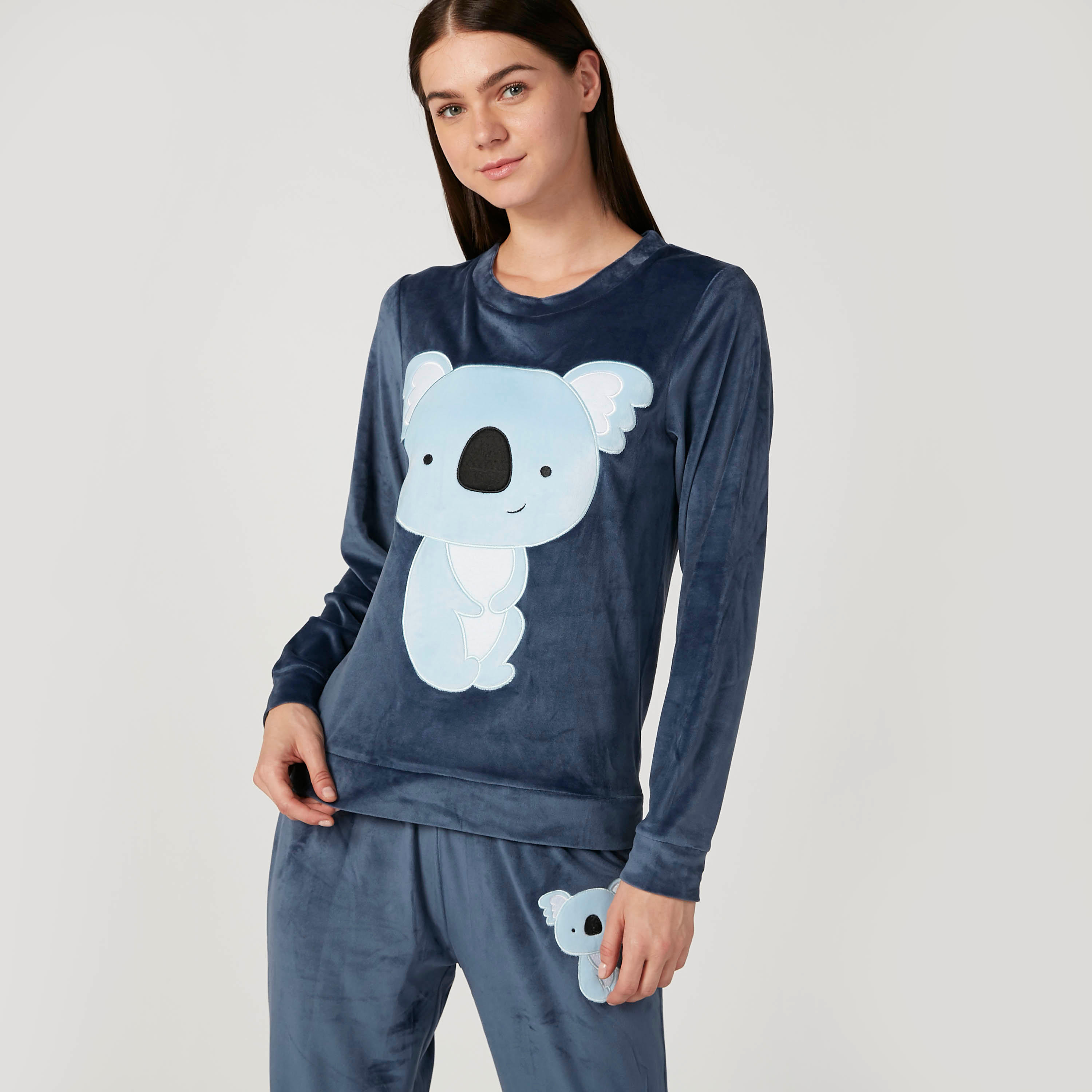 طقم بنطلون بيجاما طويل وتيشيرت بارز الملمس بأكمام طويلة-women-clothing-nightwear-pyjamas-longsets-image-3