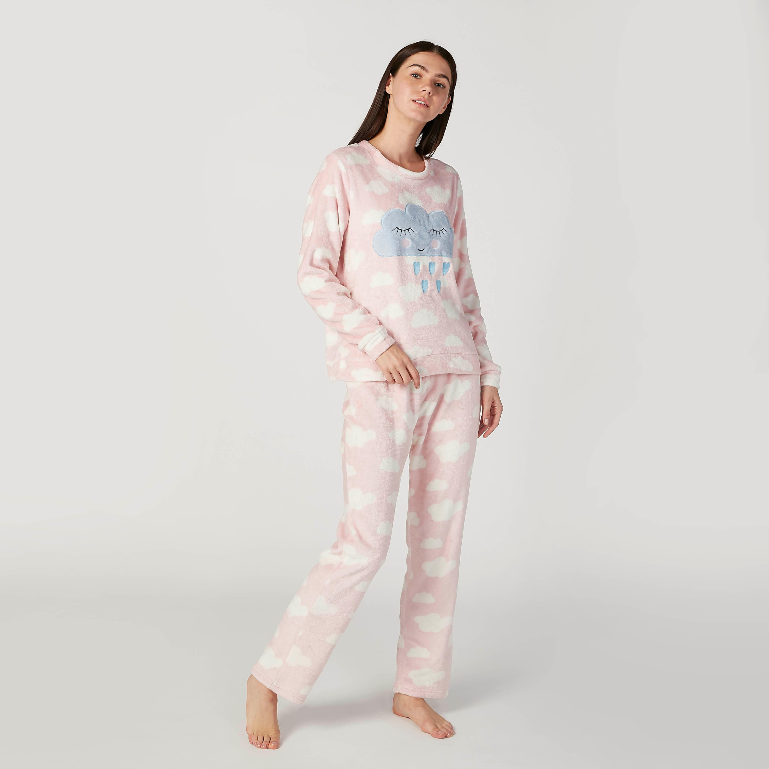 طقم بنطلون بيجاما طويل وتيشيرت بأكمام طويلة وطبعات-women-clothing-nightwear-pyjamas-longsets-image-1