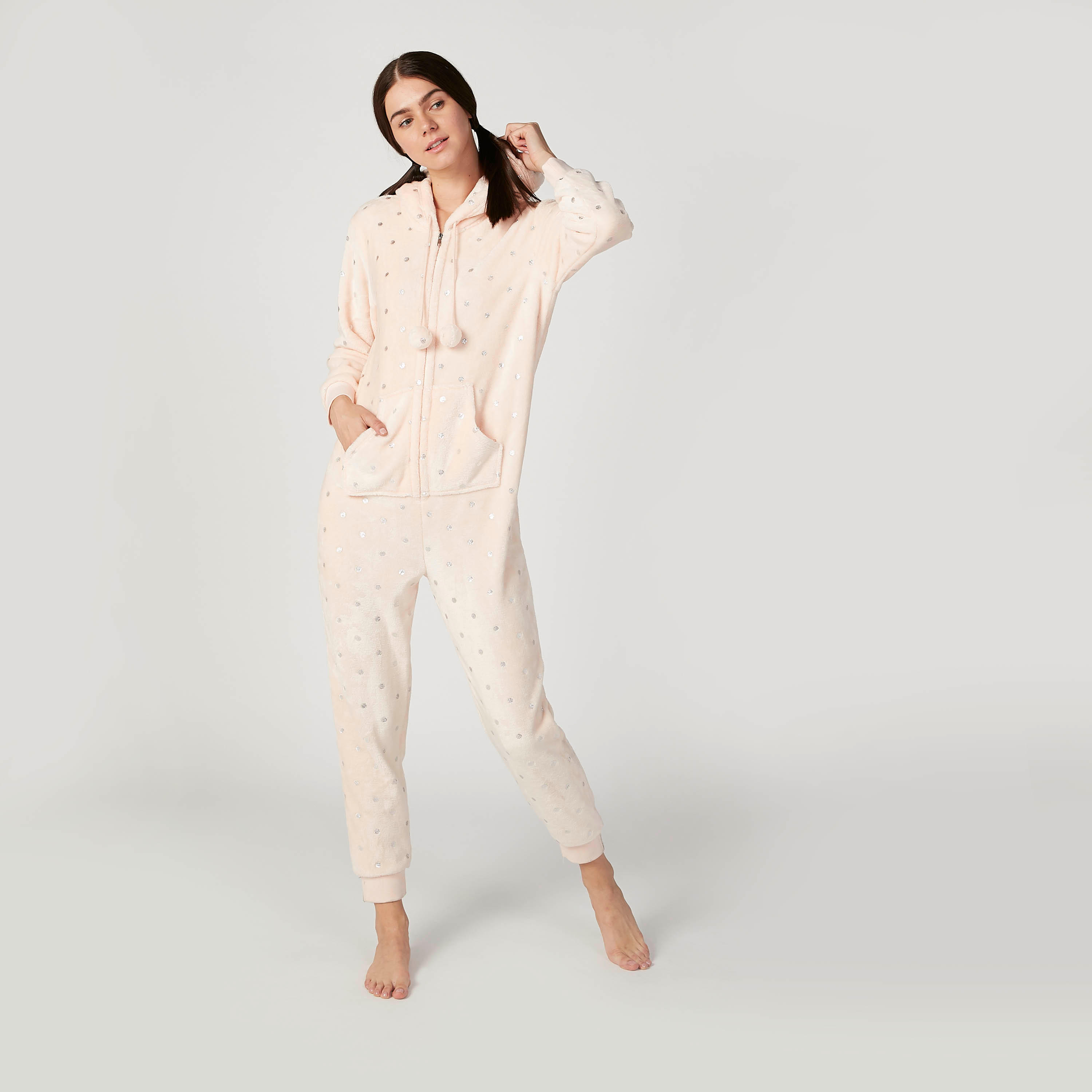 Polka Dot Print Hooded Onesies with Zip Closure-women-clothing-nightwear-nighties-image-1