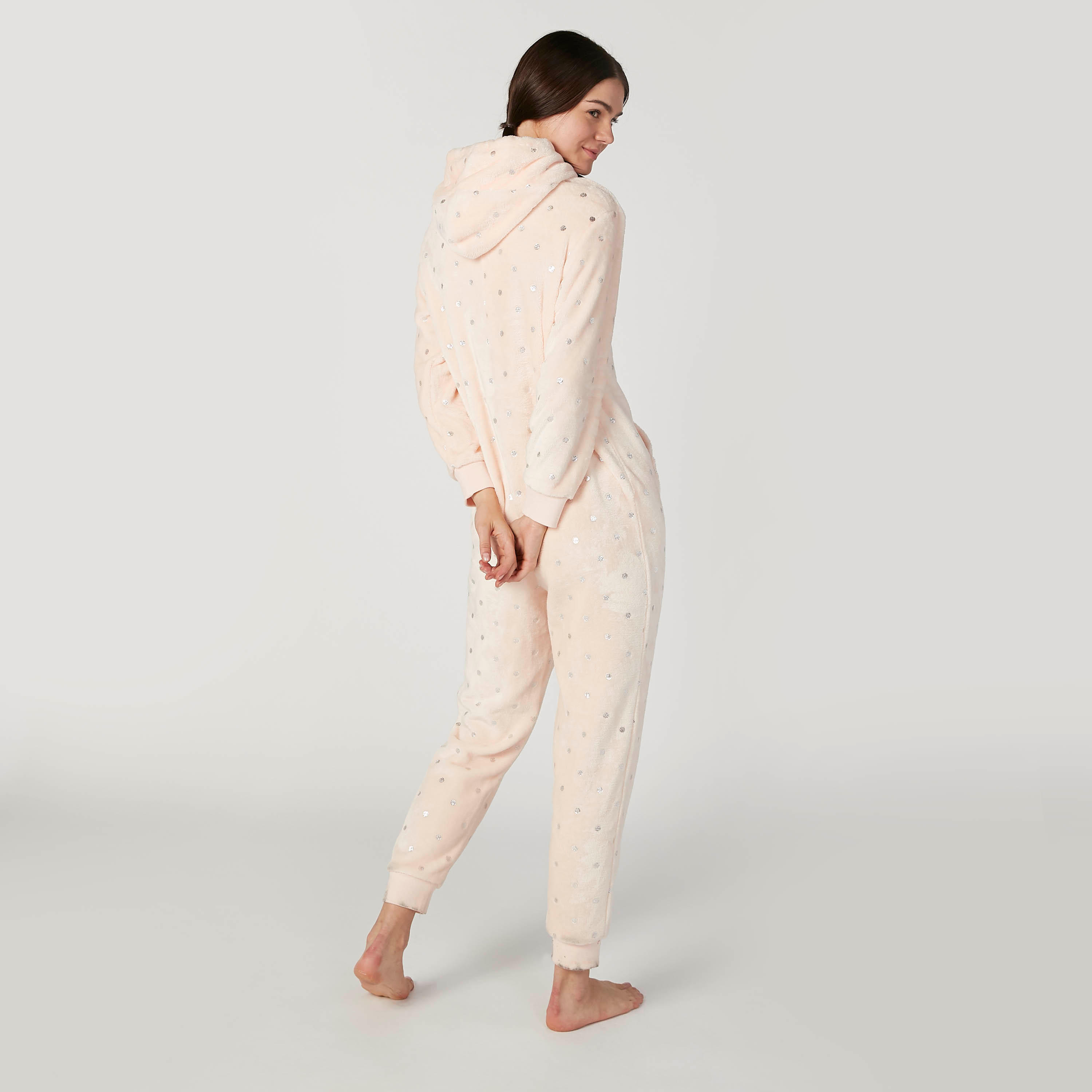Polka Dot Print Hooded Onesies with Zip Closure-women-clothing-nightwear-nighties-image-2