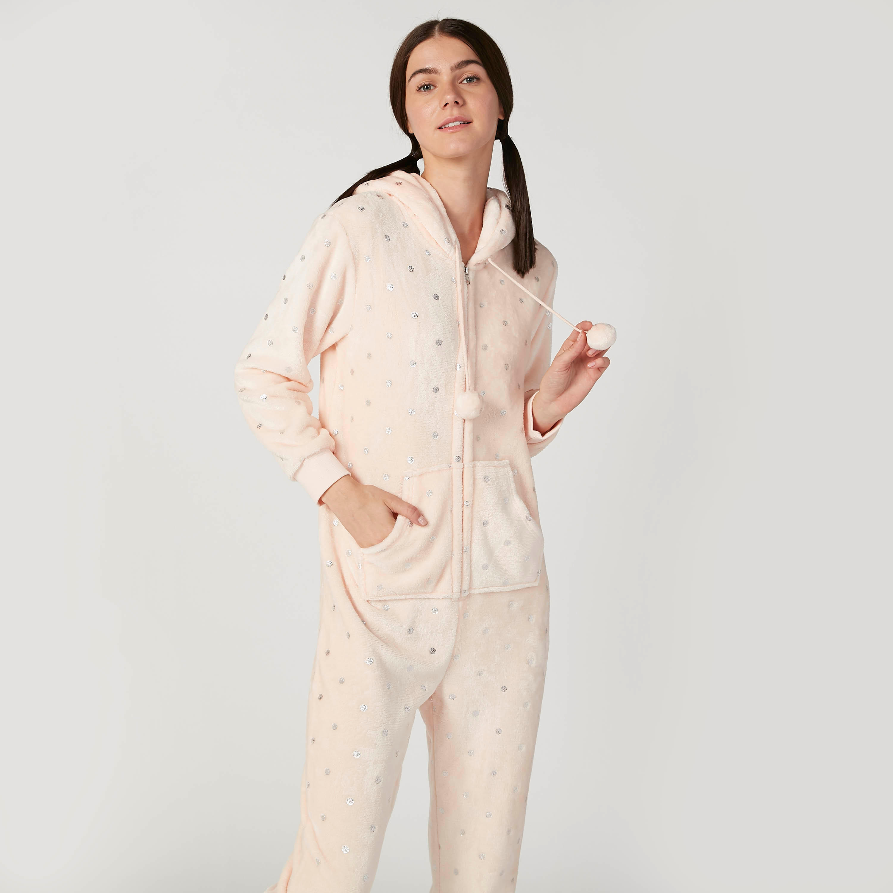 Polka Dot Print Hooded Onesies with Zip Closure-women-clothing-nightwear-nighties-image-3