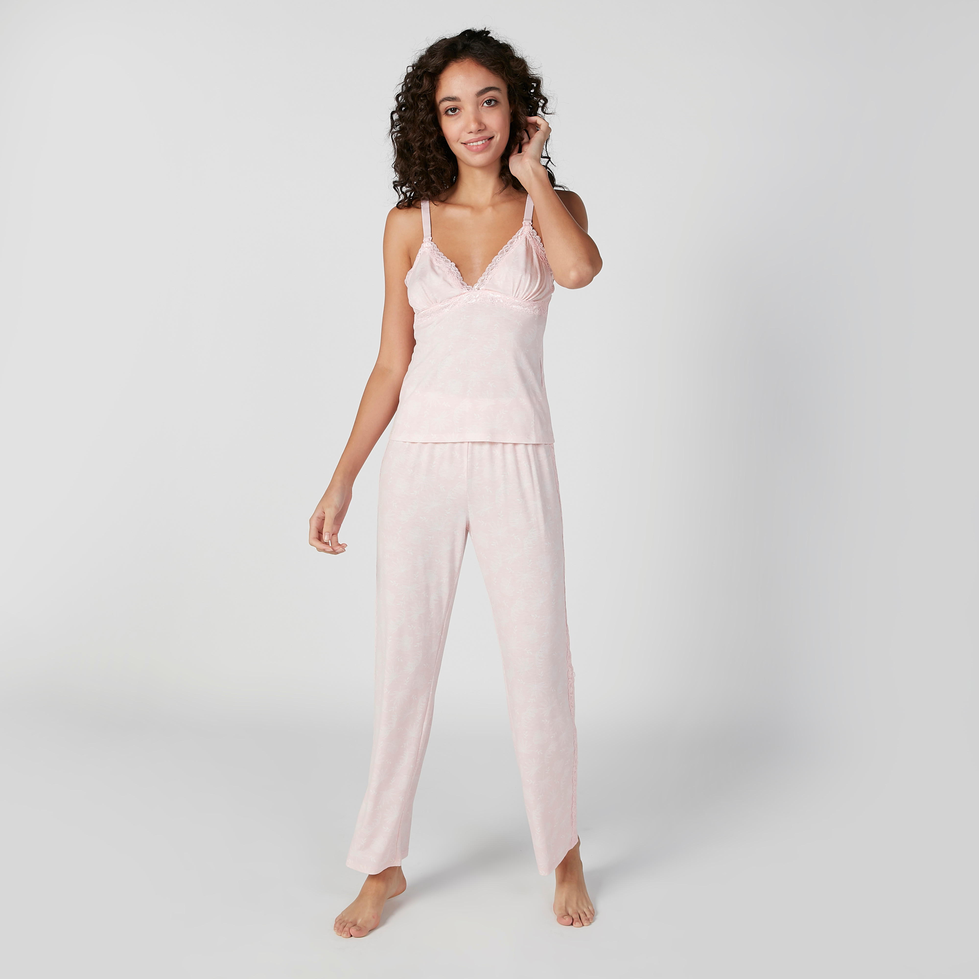 طقم بنطلون بيجاما وبلوزة دون أكمام بياقة V وتفاصيل دانتيل-women-clothing-nightwear-pyjamas-longsets-image-5