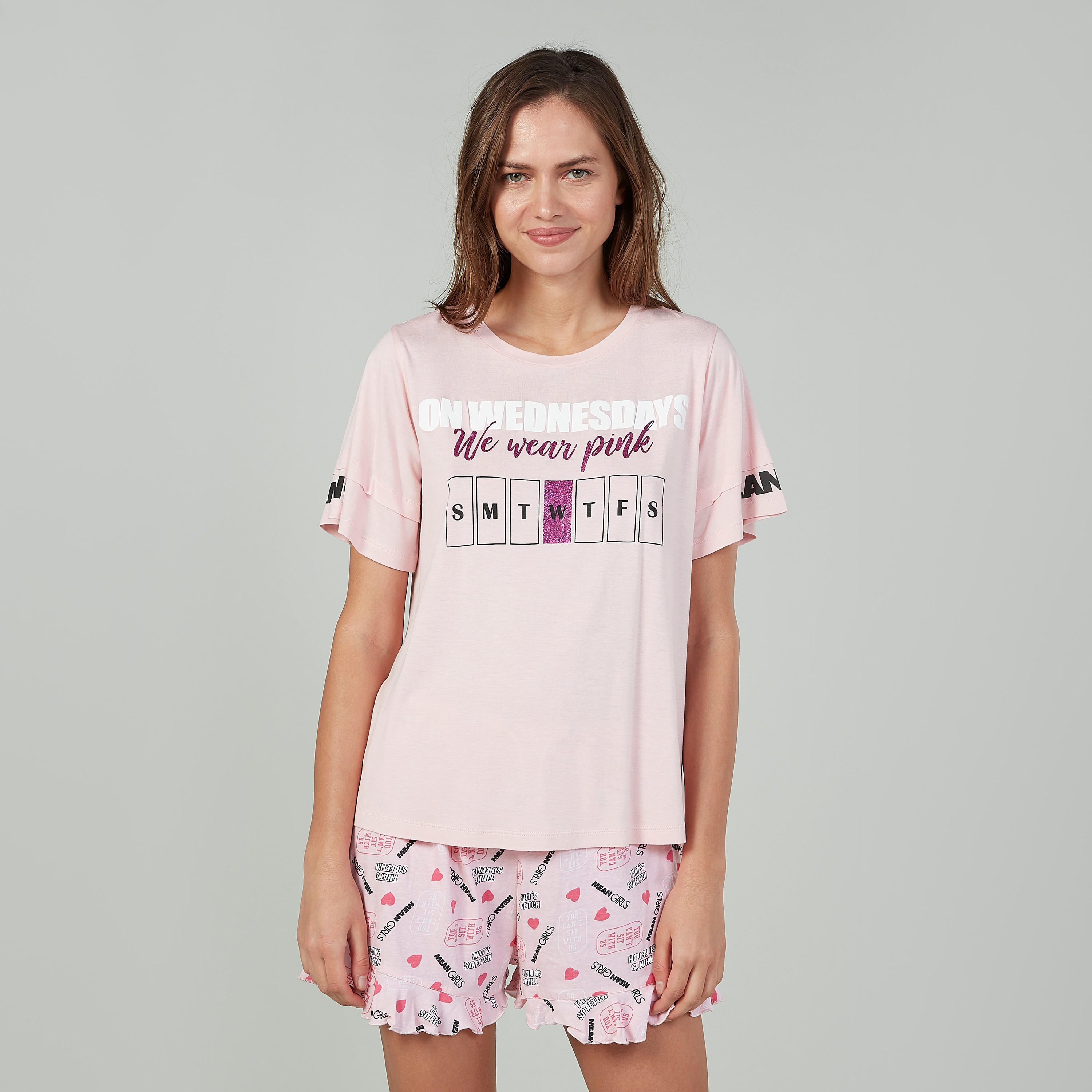 Sustainable Printed Round Neck T-shirt with Shorts-women-clothing-nightwear-pyjamas-longsets-image-1