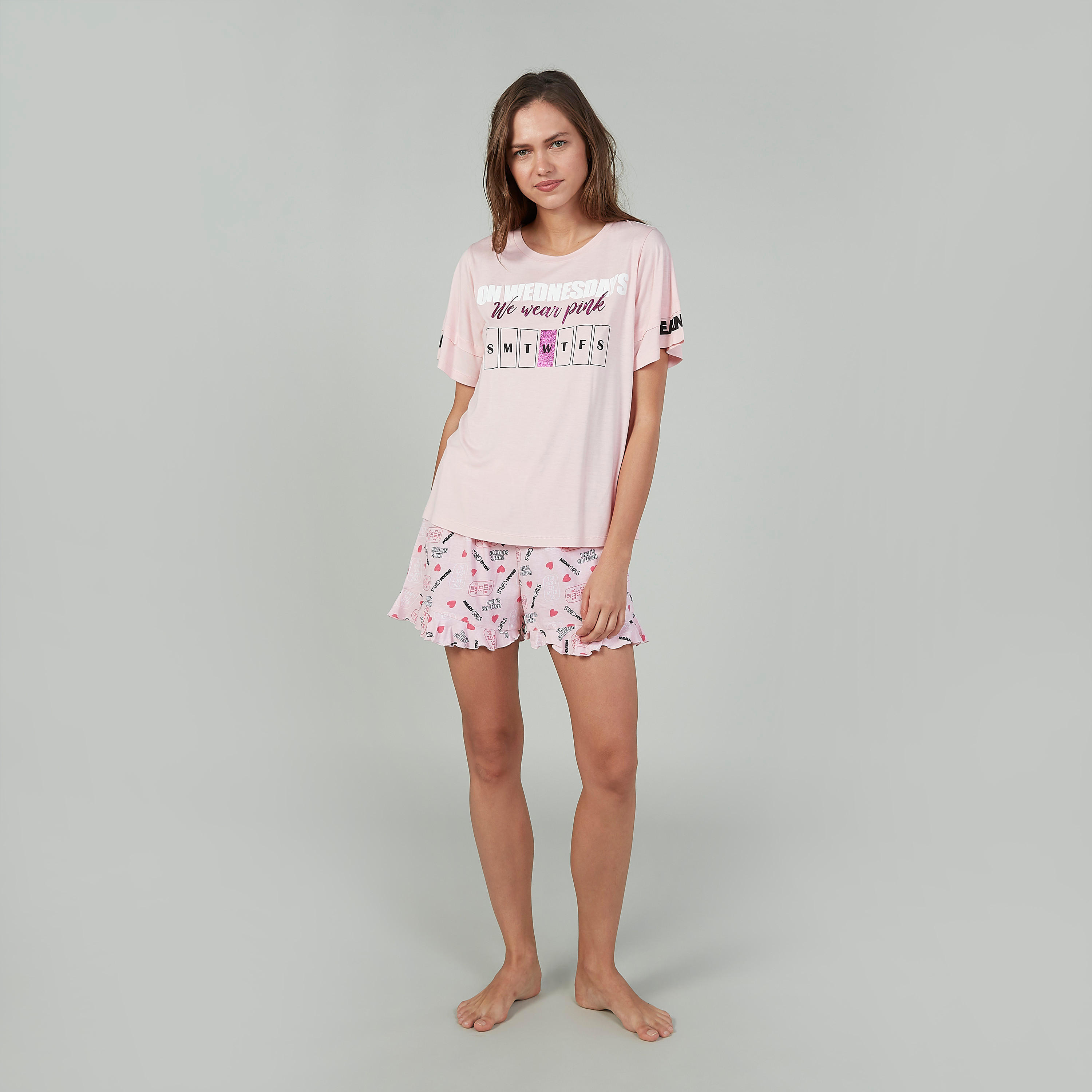 Sustainable Printed Round Neck T-shirt with Shorts-women-clothing-nightwear-pyjamas-longsets-image-2