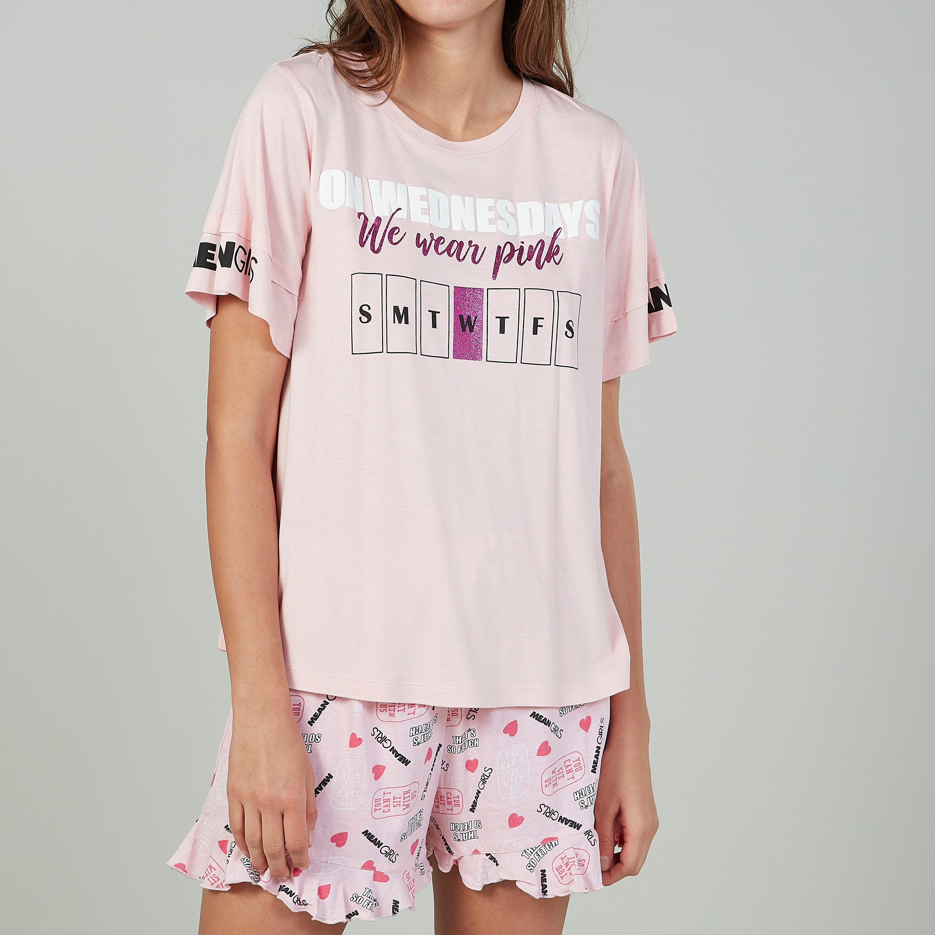 Sustainable Printed Round Neck T-shirt with Shorts-women-clothing-nightwear-pyjamas-longsets-image-3