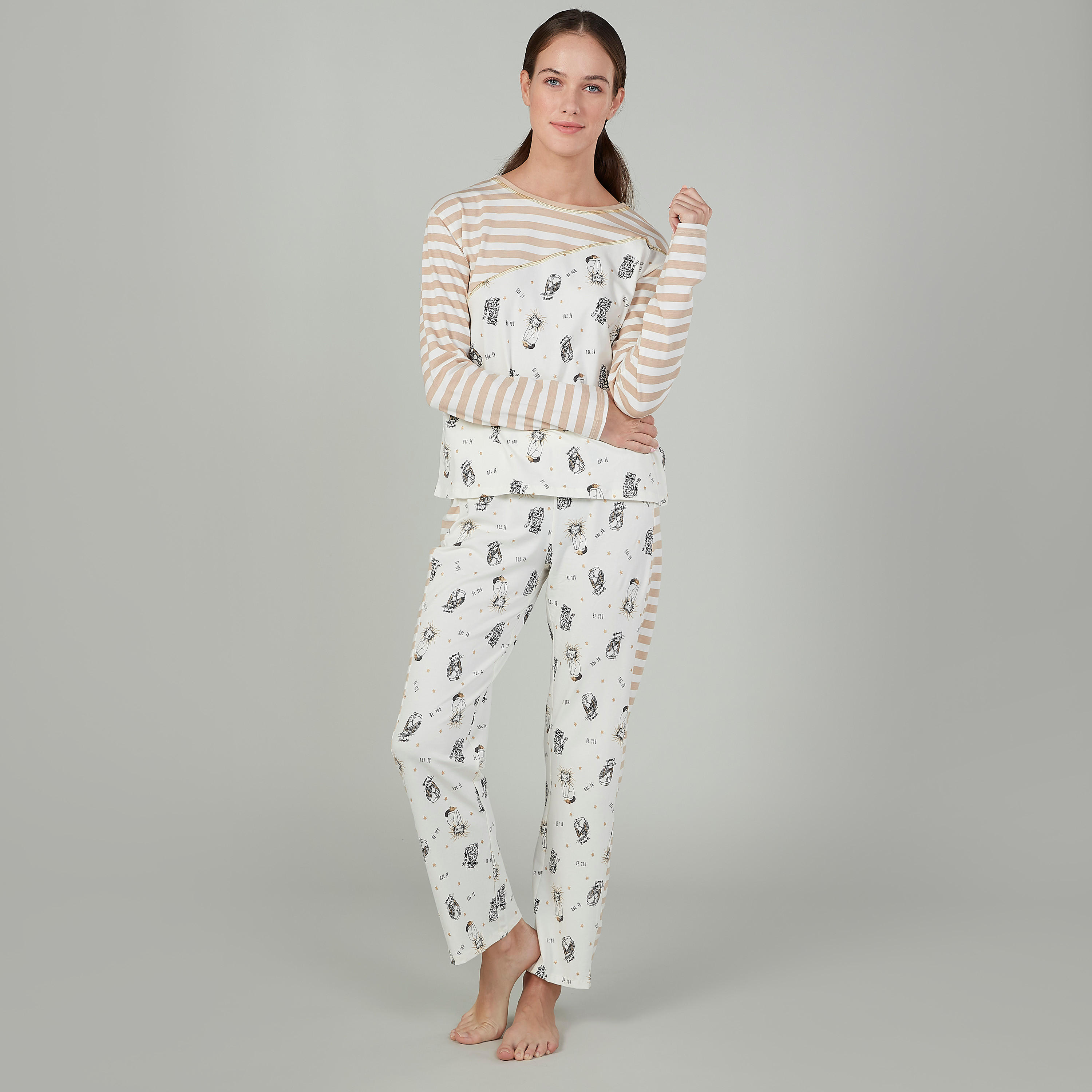 طقم مستدام من بنطلون بيجاما طويل وتيشيرت بأكمام طويلة وطبعات -women-clothing-nightwear-pyjamas-longsets-image-1