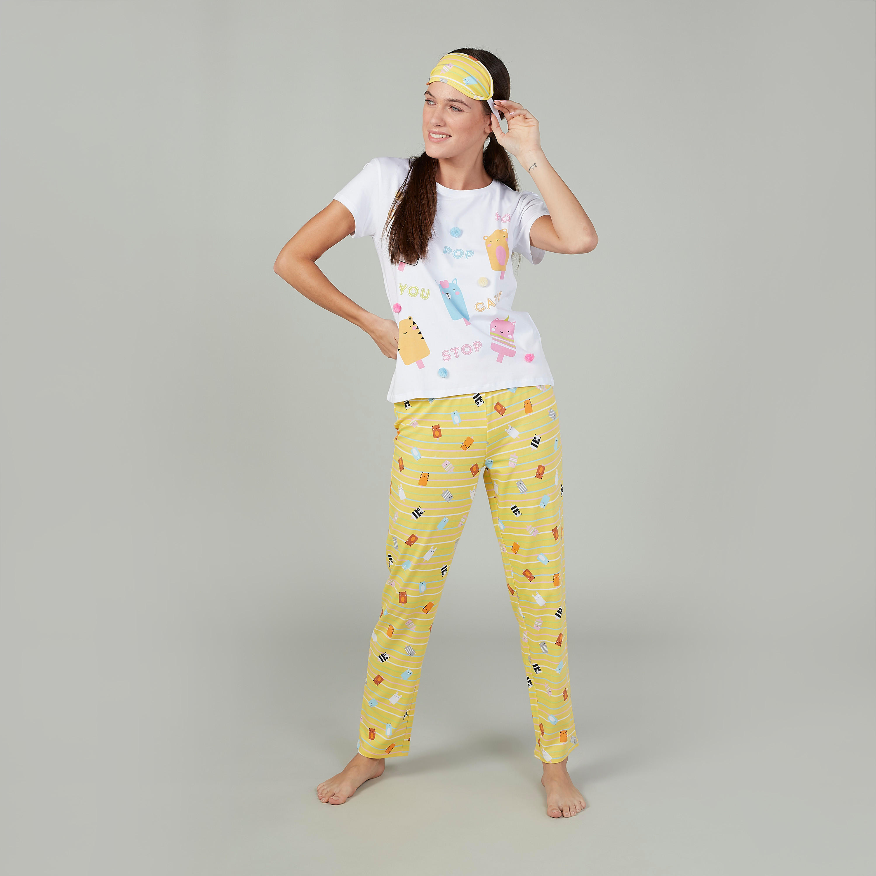 طقم بنطلون بيجاما طويل وتيشيرت بياقة مستديرة وطبعات-women-clothing-nightwear-pyjamas-longsets-image-2