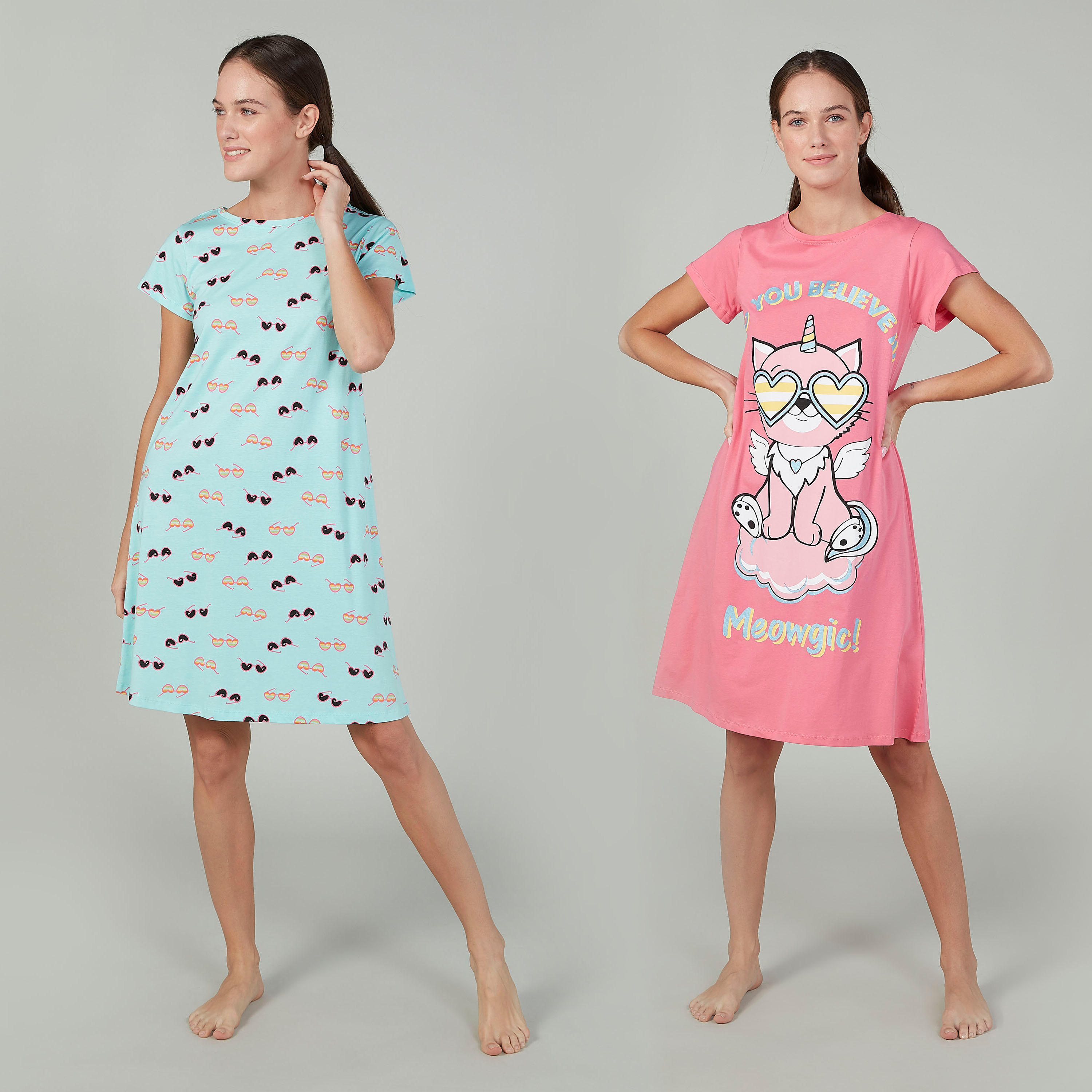 قميص نوم بياقة مستديرة وأكمام قصيرة وطبعات - طقم من قطعتين-women-clothing-nightwear-nighties-image-1