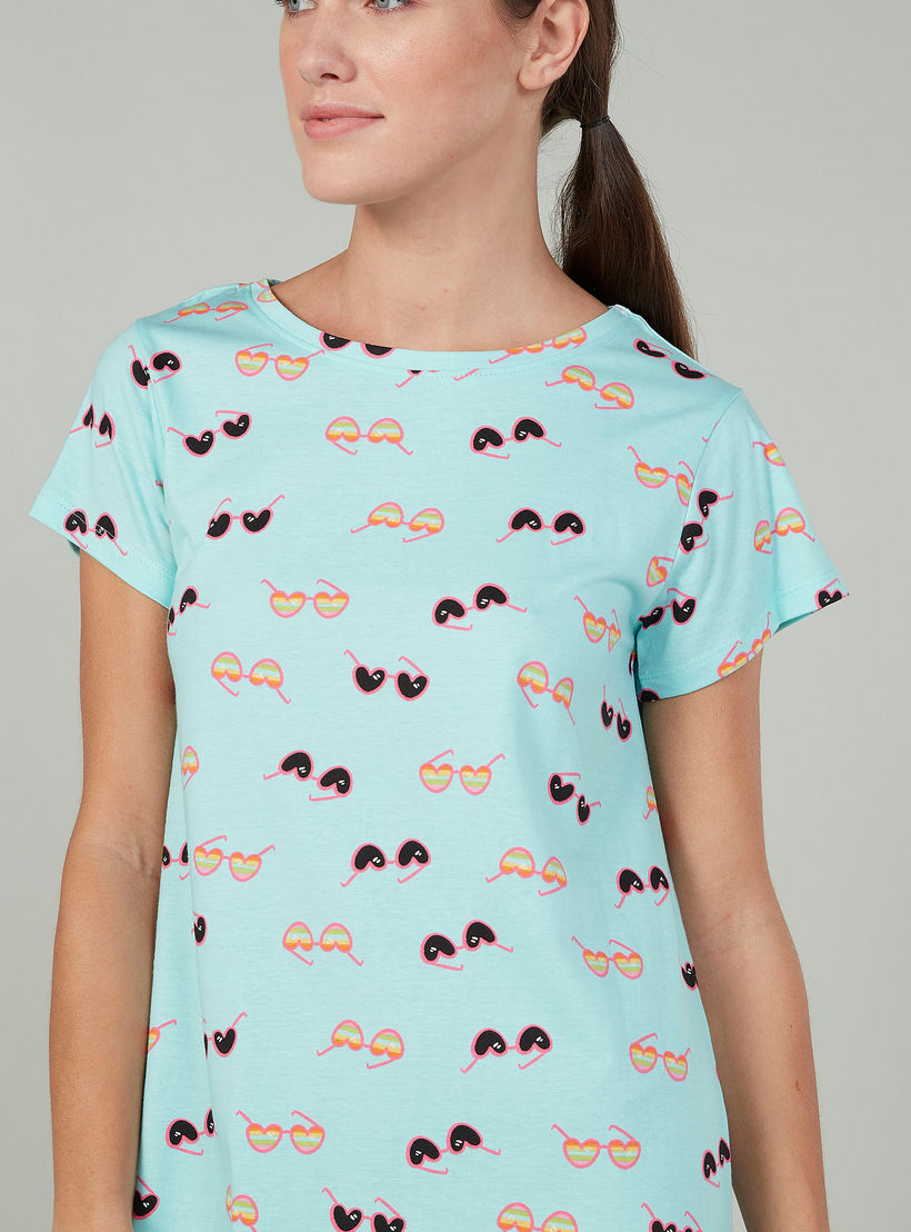 قميص نوم بياقة مستديرة وأكمام قصيرة وطبعات - طقم من قطعتين-women-clothing-nightwear-nighties-image-6