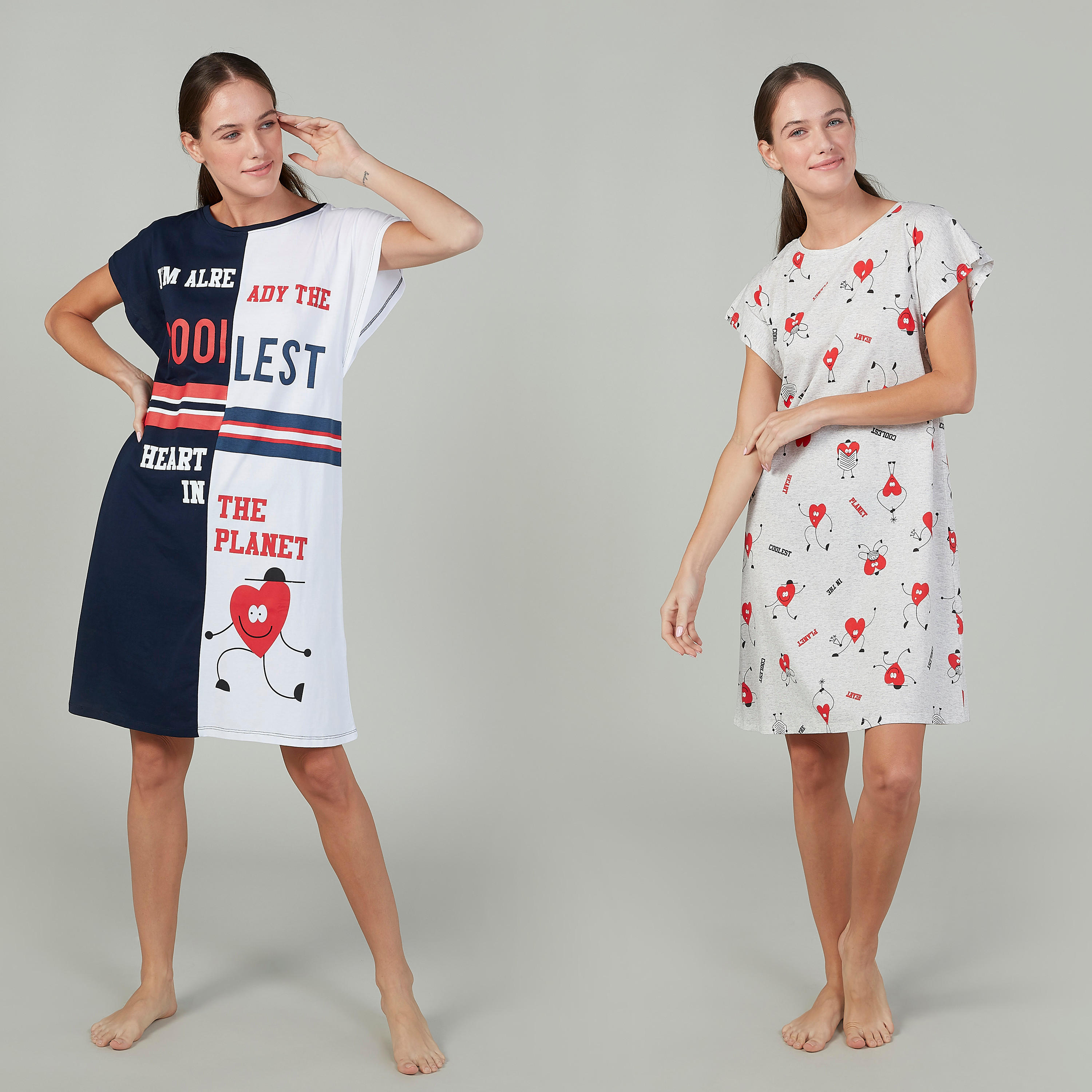 قميص نوم بياقة مستديرة وأكمام متصلة وطبعات - طقم من قطعتين-women-clothing-nightwear-nighties-image-1