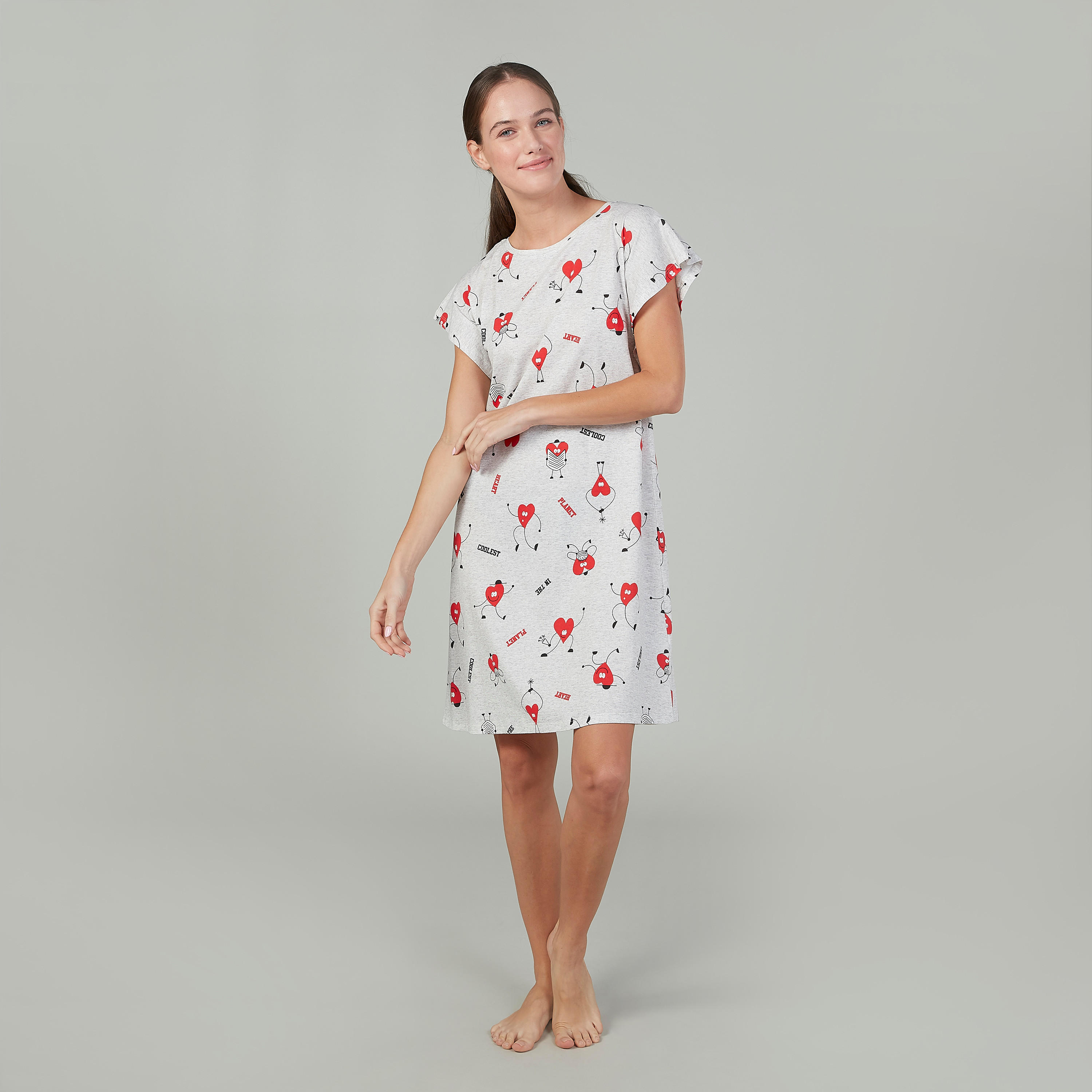 قميص نوم بياقة مستديرة وأكمام متصلة وطبعات - طقم من قطعتين-women-clothing-nightwear-nighties-image-2