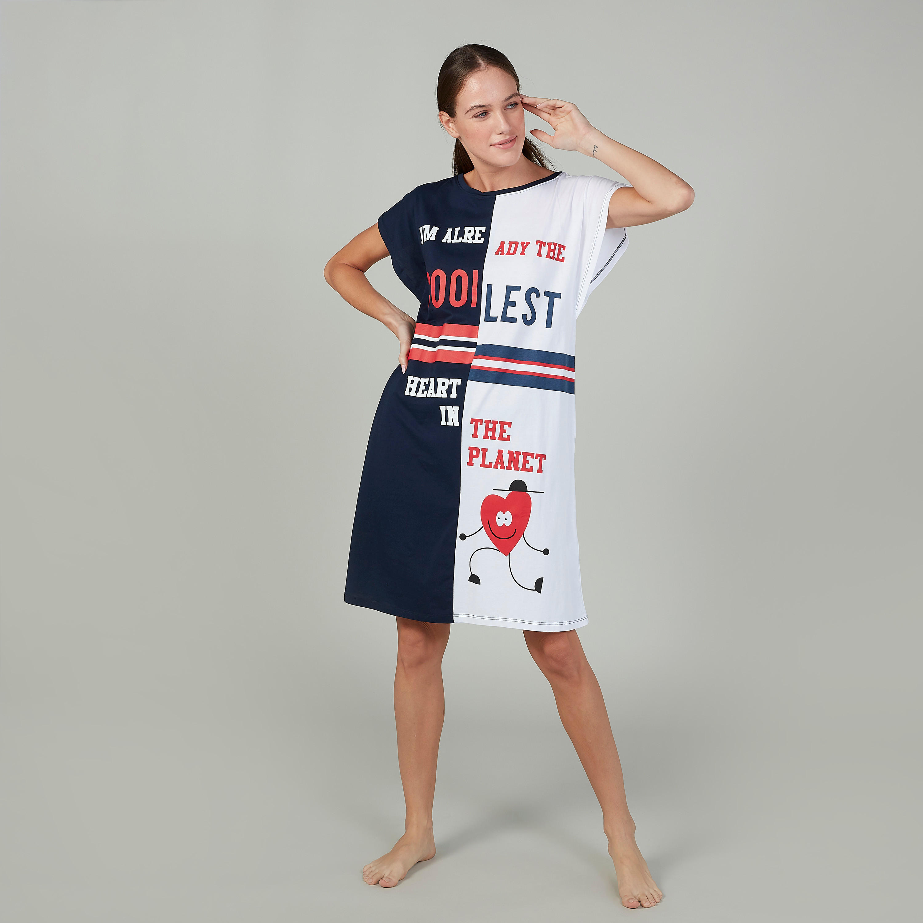قميص نوم بياقة مستديرة وأكمام متصلة وطبعات - طقم من قطعتين-women-clothing-nightwear-nighties-image-3