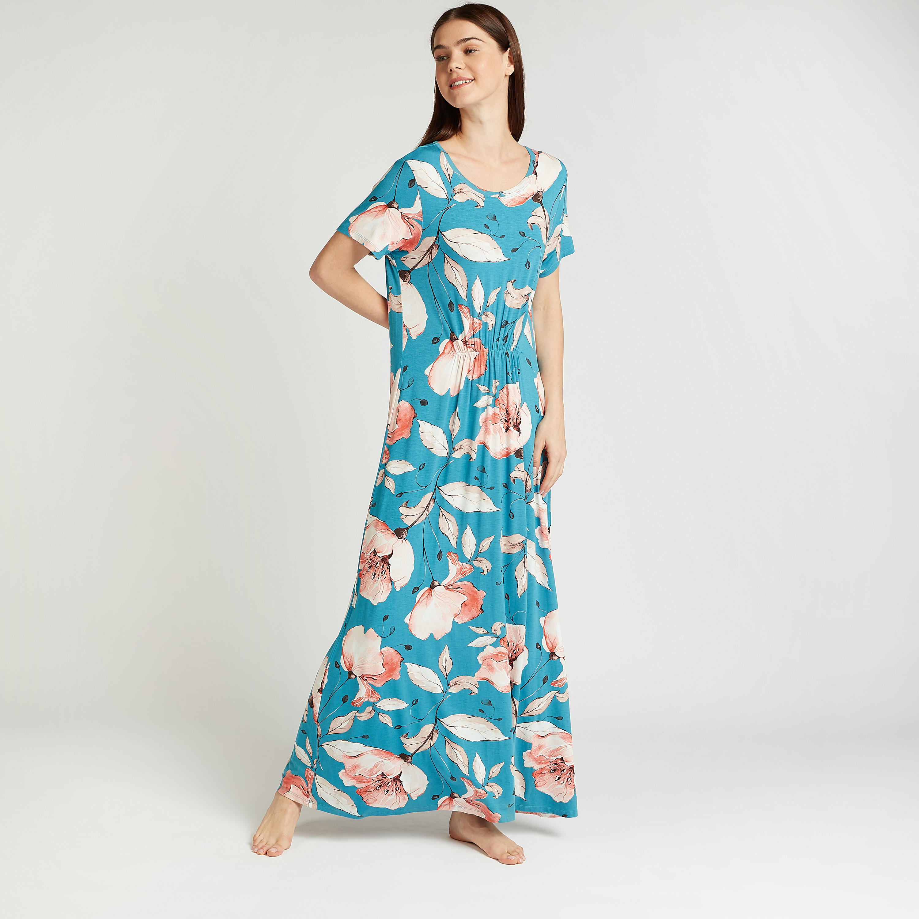 Printed Sleep Dress with Round Neck and Short Sleeves-women-clothing-nightwear-nighties-image-1