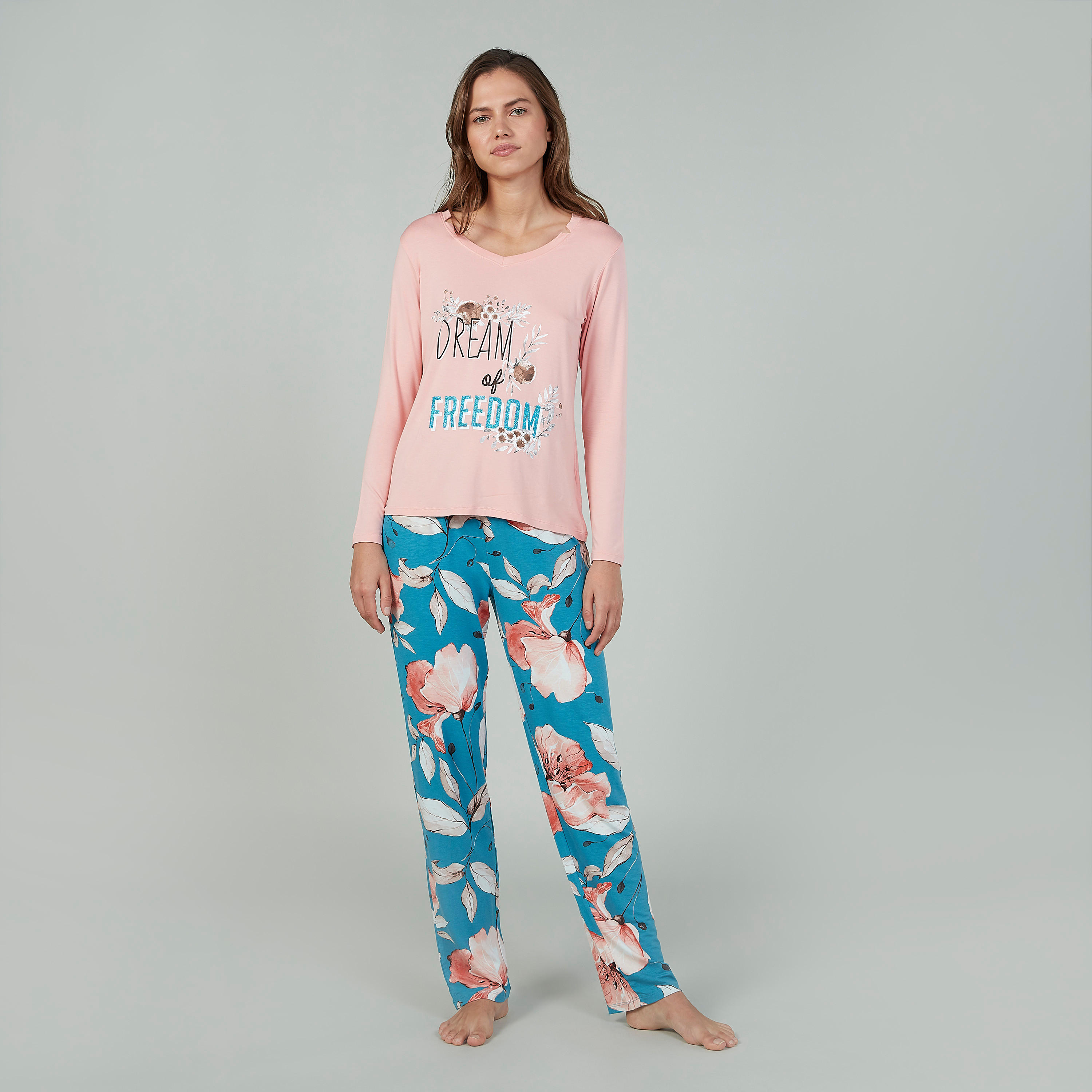 Printed Round Neck T-shirt and Full Length Pyjama Set-women-clothing-nightwear-pyjamas-longsets-image-1