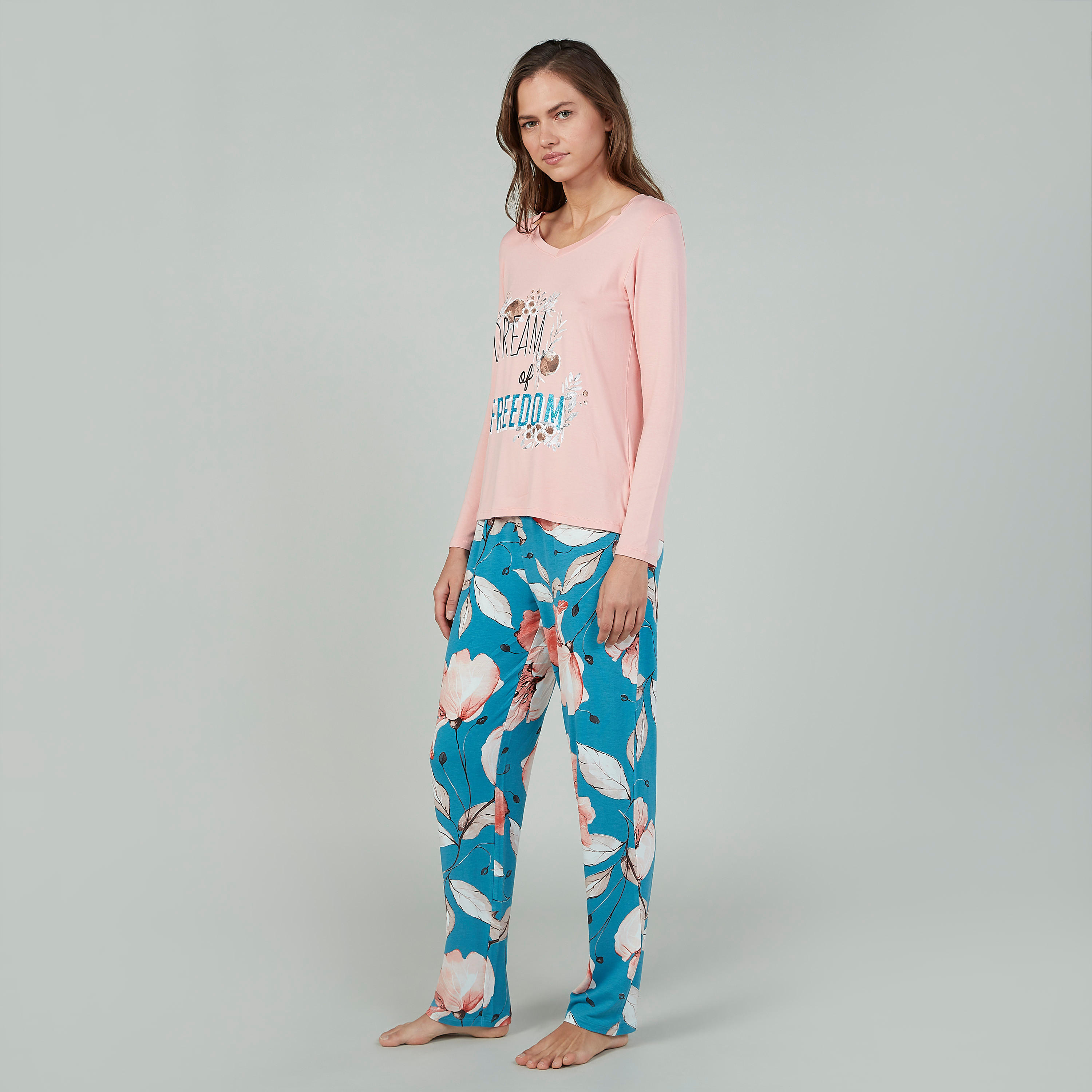 Printed Round Neck T-shirt and Full Length Pyjama Set-women-clothing-nightwear-pyjamas-longsets-image-2