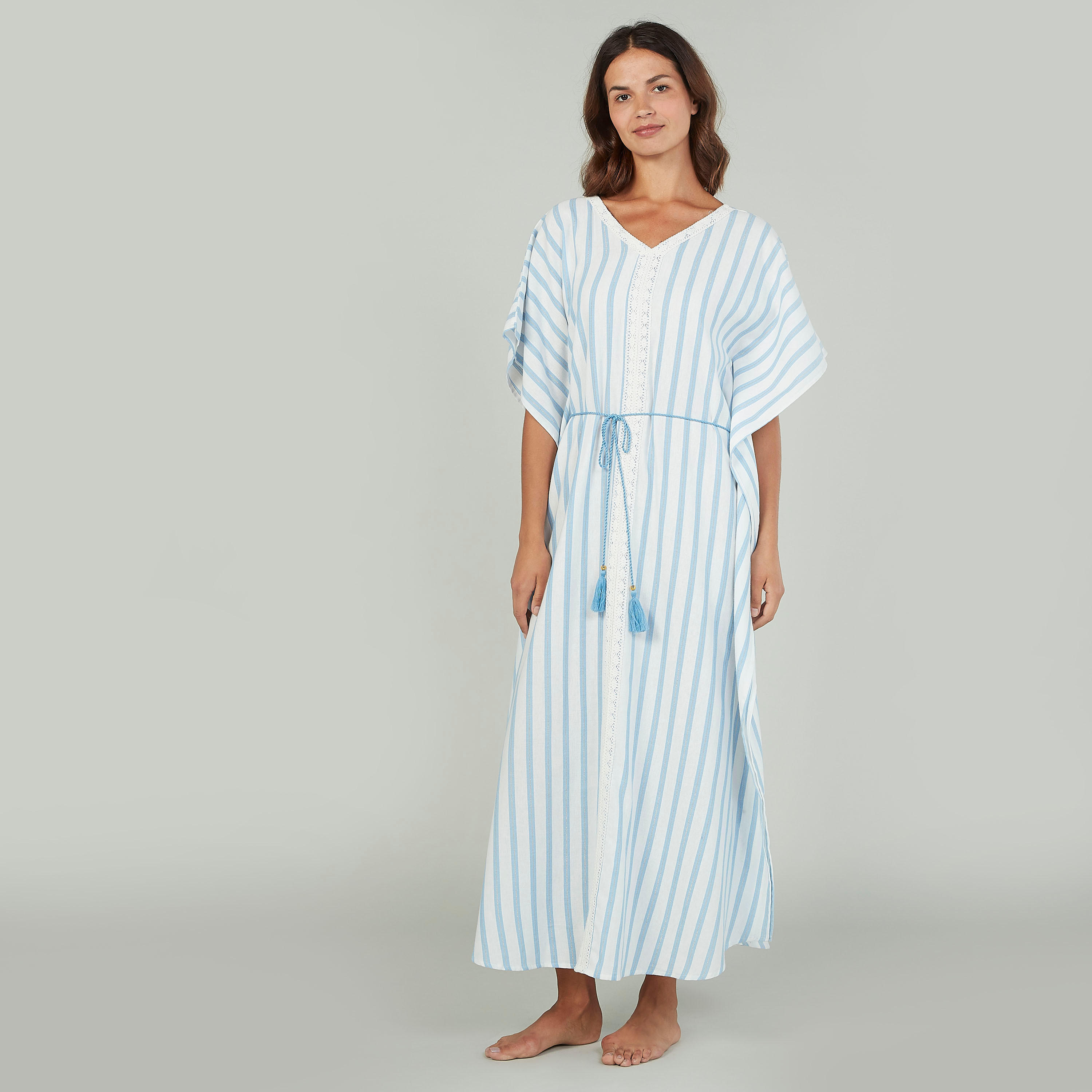 قميص نوم مخطط بياقة V وطبعات وأربطة-women-clothing-nightwear-nighties-image-1