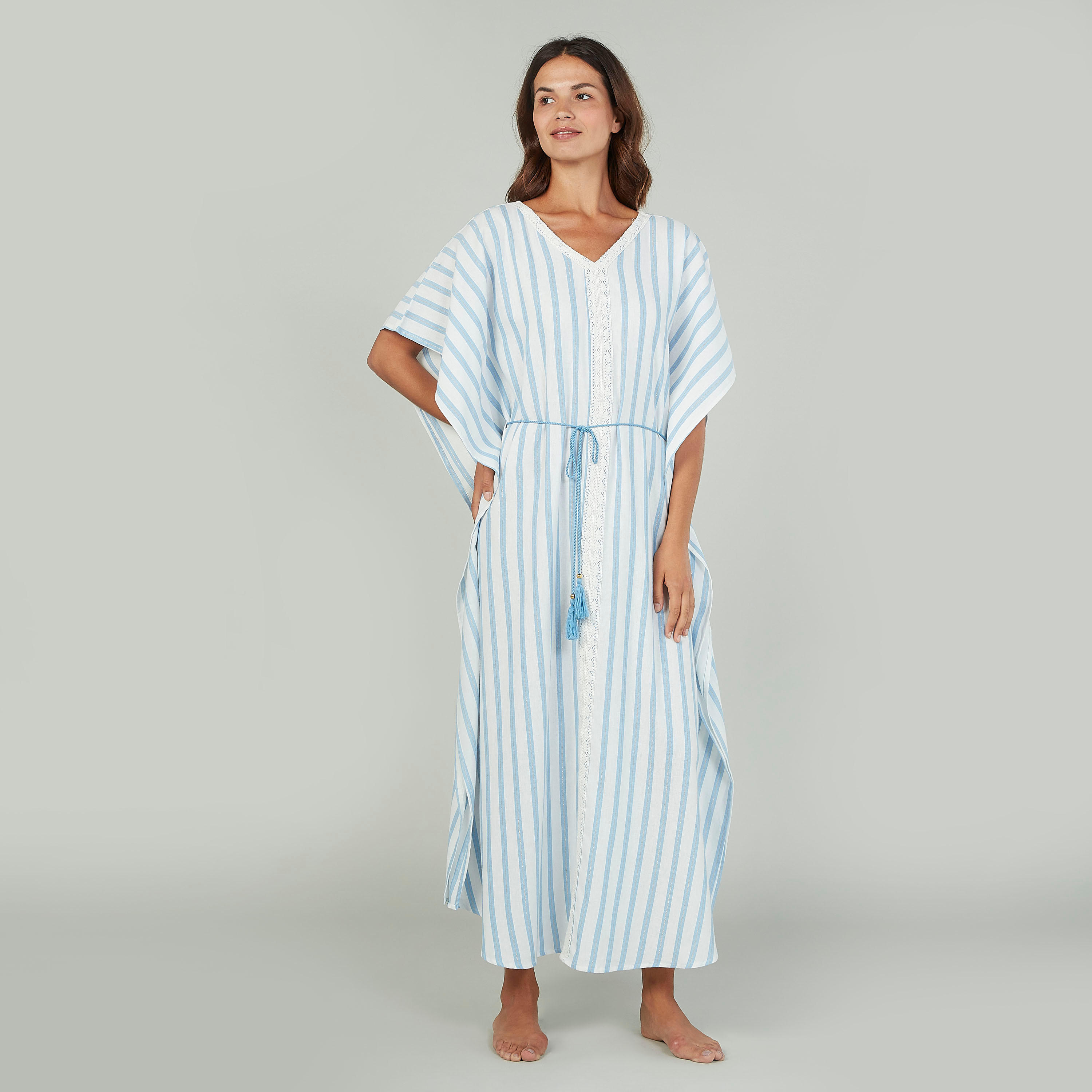 قميص نوم مخطط بياقة V وطبعات وأربطة-women-clothing-nightwear-nighties-image-3