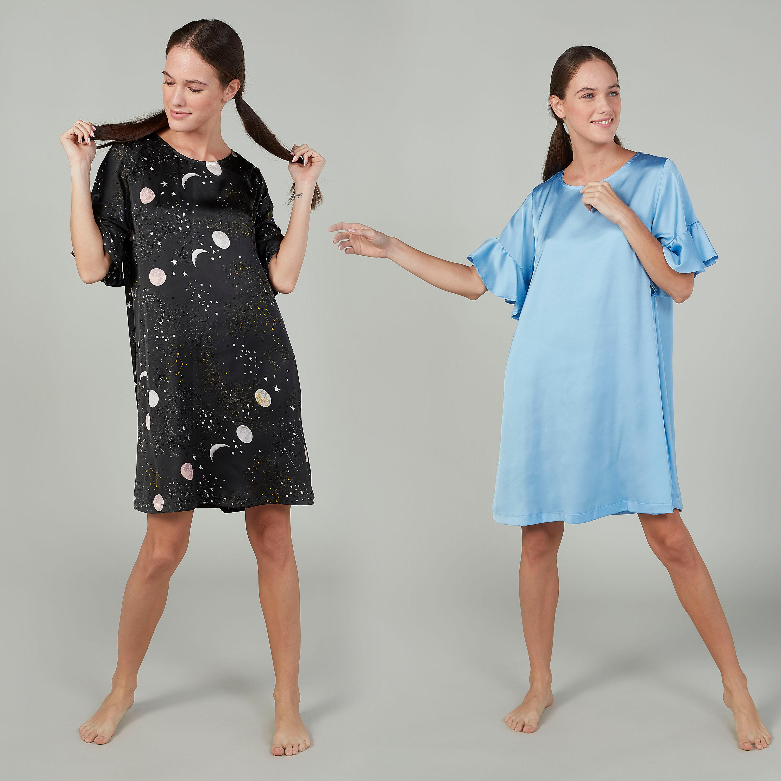 قميص نوم بألوان متنوعة بياقة مستديرة وأكمام كشكش - طقم من قطعتين-women-clothing-nightwear-nighties-image-1
