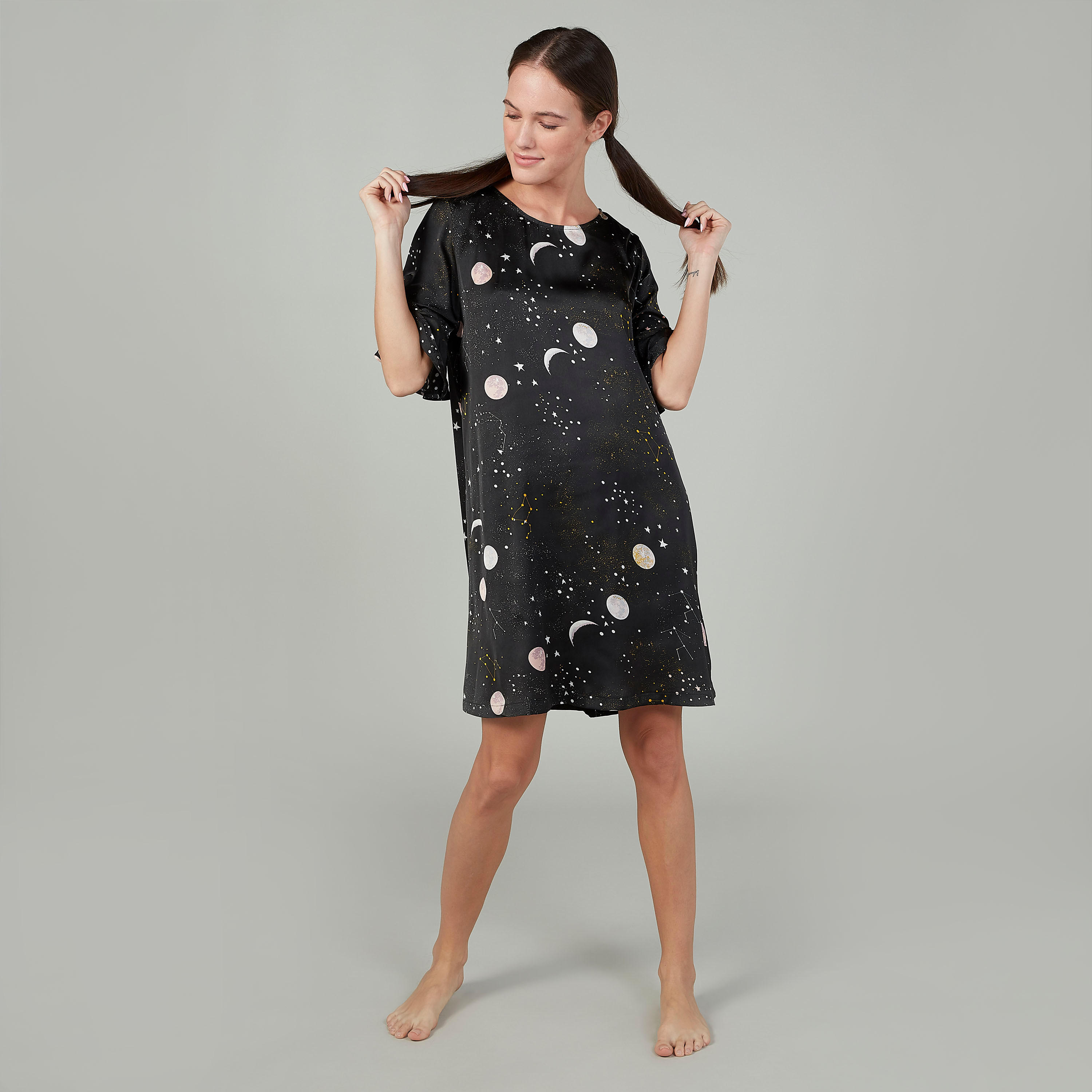 قميص نوم بألوان متنوعة بياقة مستديرة وأكمام كشكش - طقم من قطعتين-women-clothing-nightwear-nighties-image-3