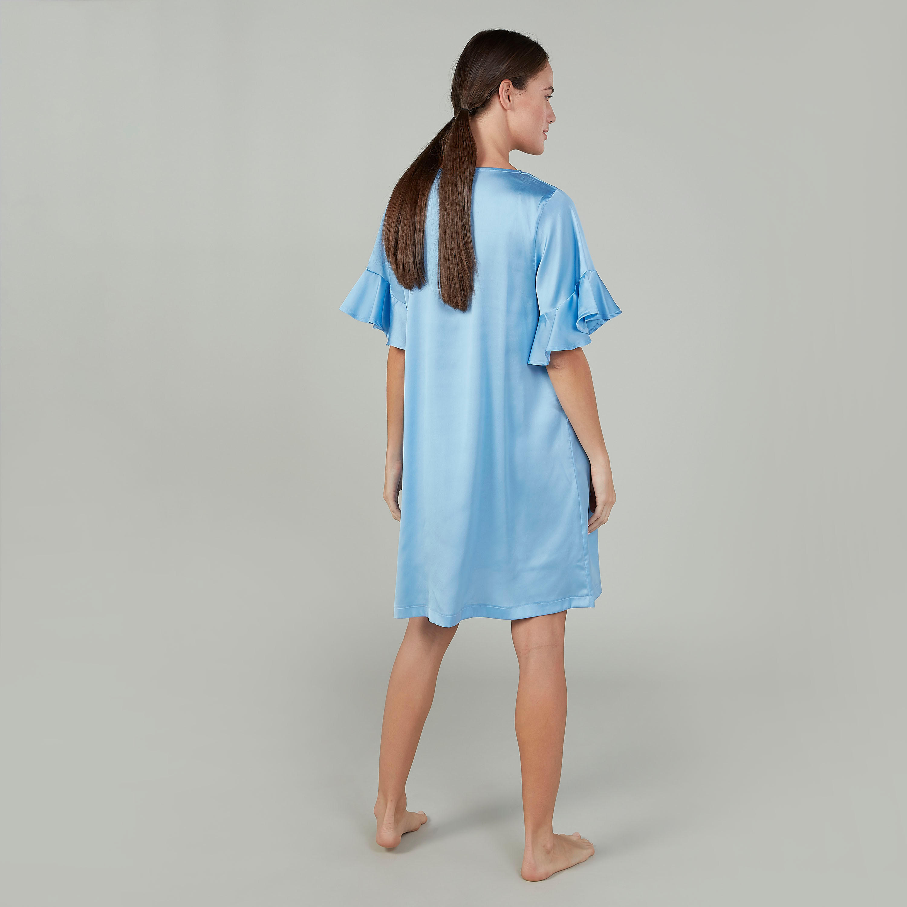 قميص نوم بألوان متنوعة بياقة مستديرة وأكمام كشكش - طقم من قطعتين-women-clothing-nightwear-nighties-image-4