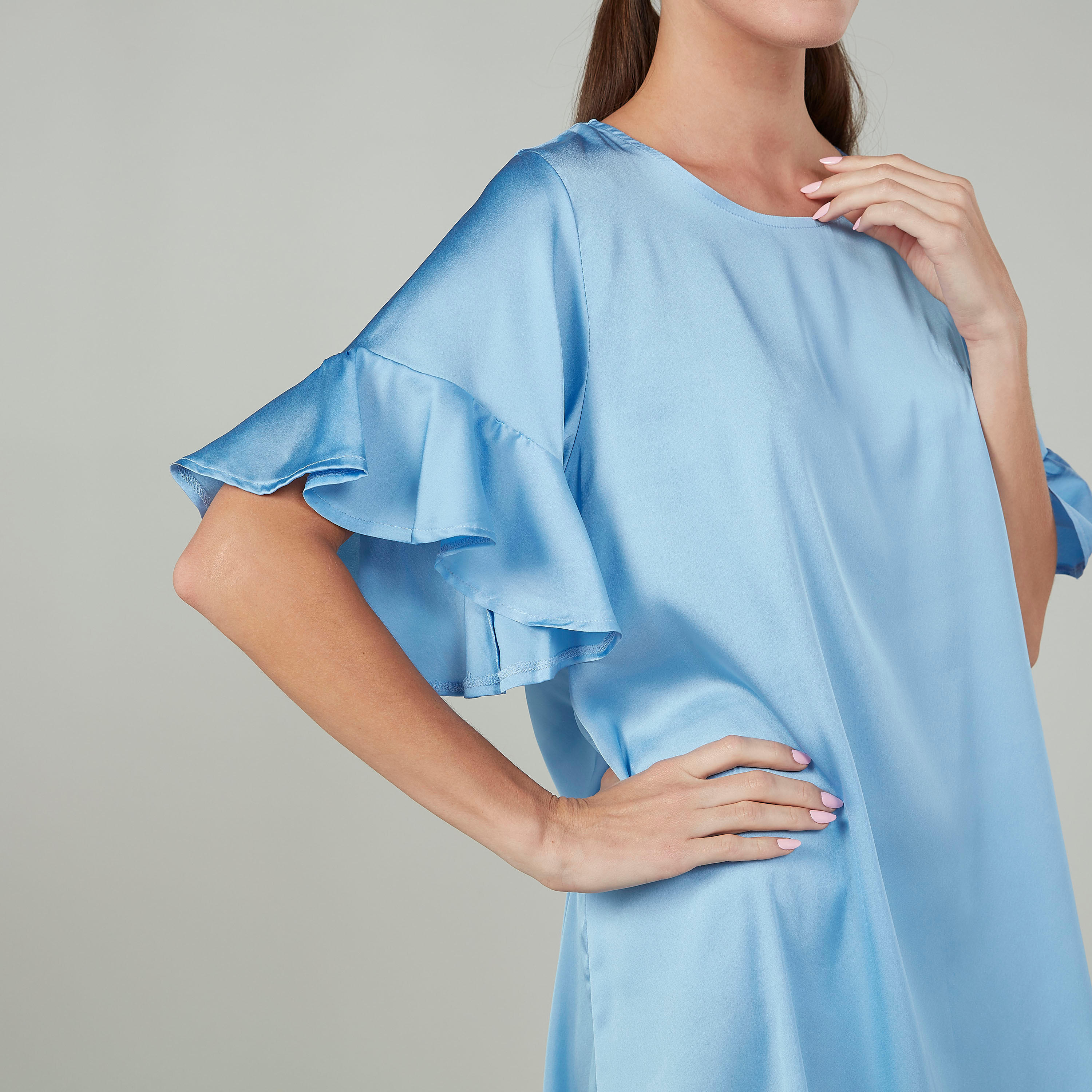قميص نوم بألوان متنوعة بياقة مستديرة وأكمام كشكش - طقم من قطعتين-women-clothing-nightwear-nighties-image-6