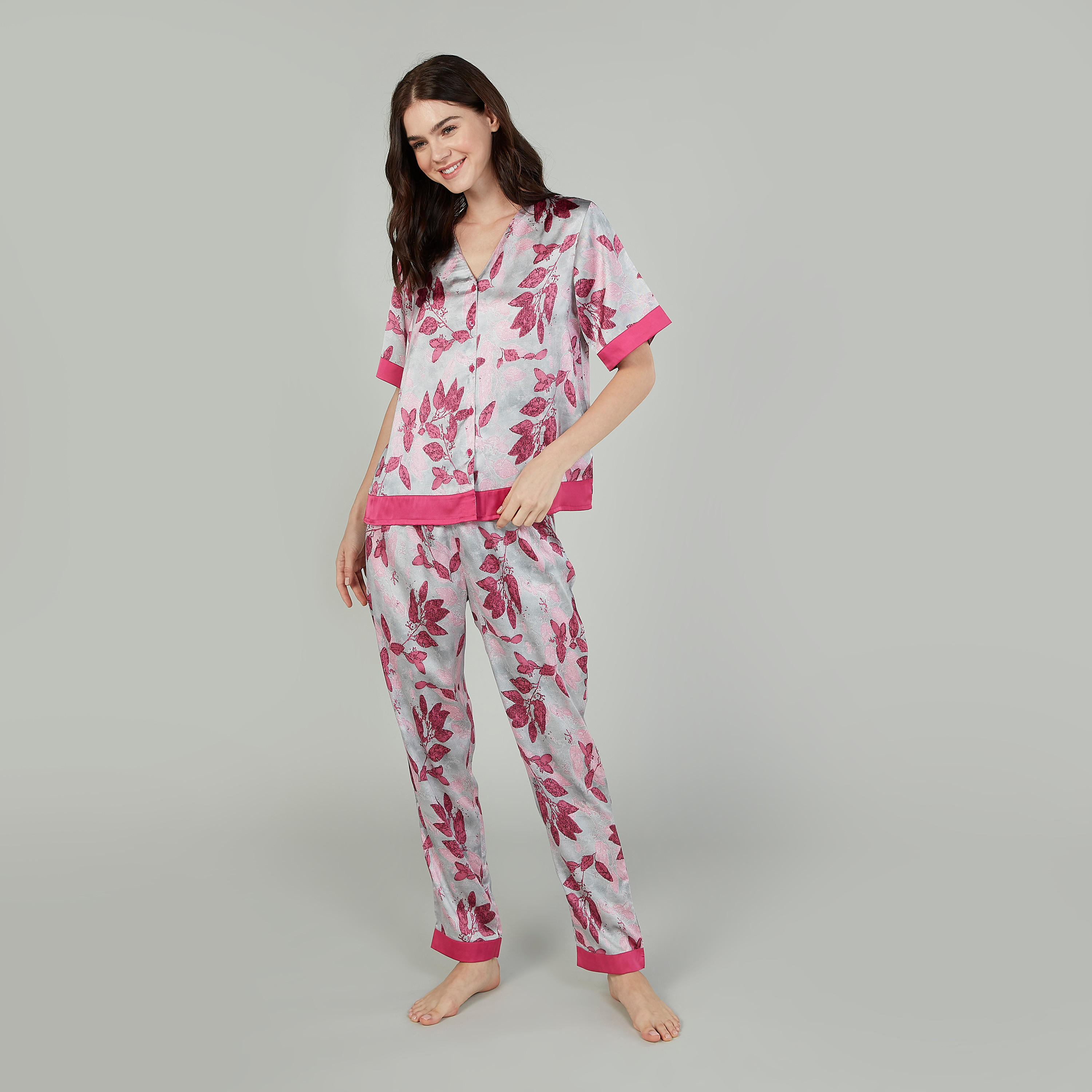 Printed V-neck Shirt and Full Length Pyjama Set-women-clothing-nightwear-pyjamas-longsets-image-1