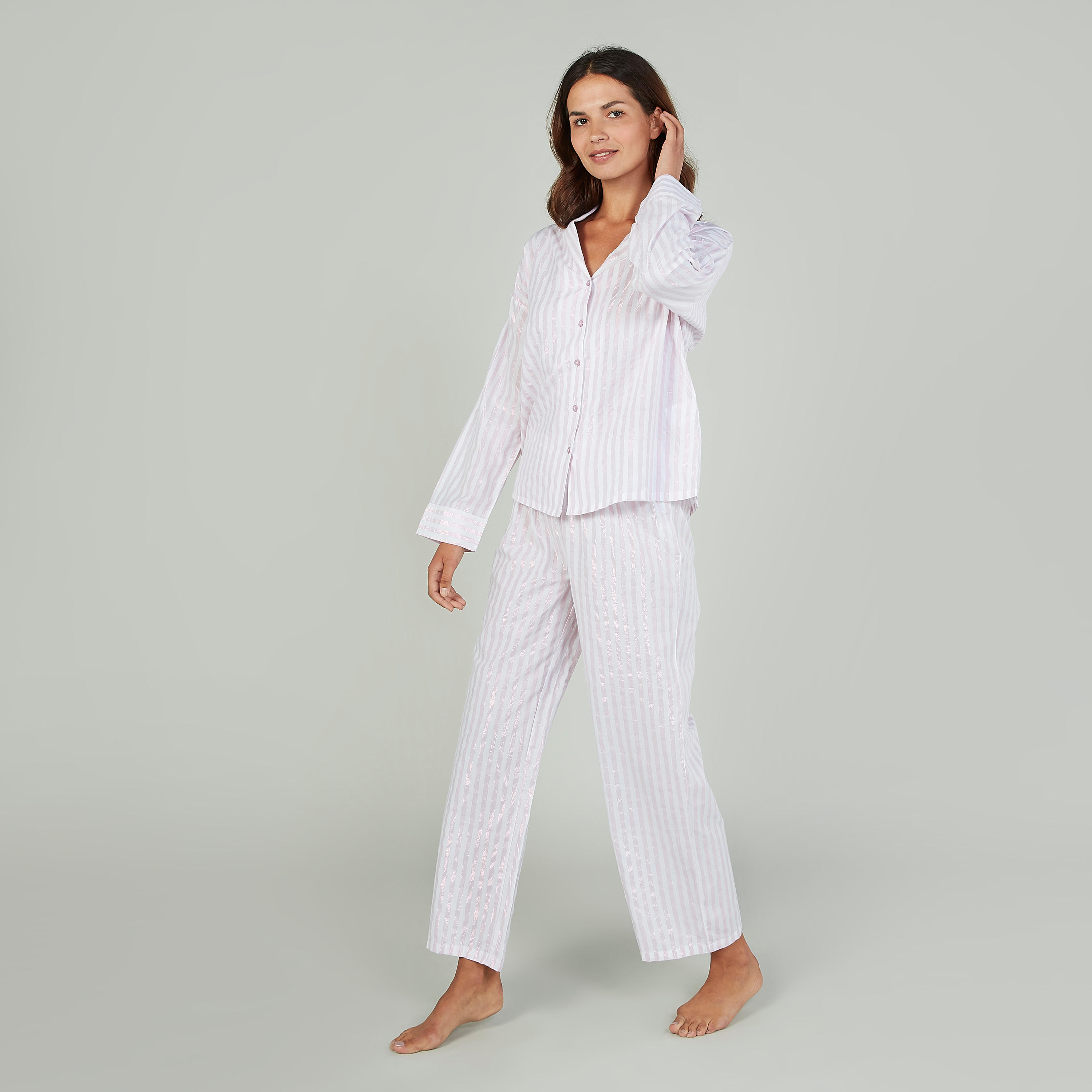 Striped Long Sleeves Shirt and Full Length Pyjama Set-women-clothing-nightwear-pyjamas-longsets-image-1