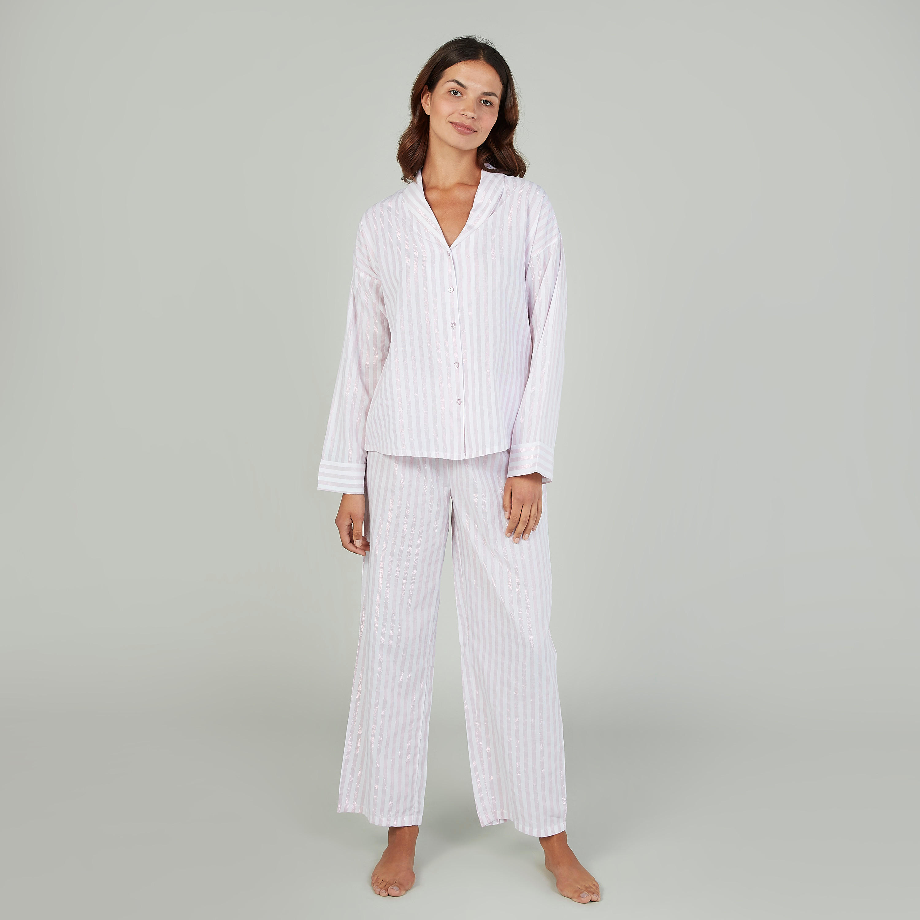 Striped Long Sleeves Shirt and Full Length Pyjama Set-women-clothing-nightwear-pyjamas-longsets-image-2