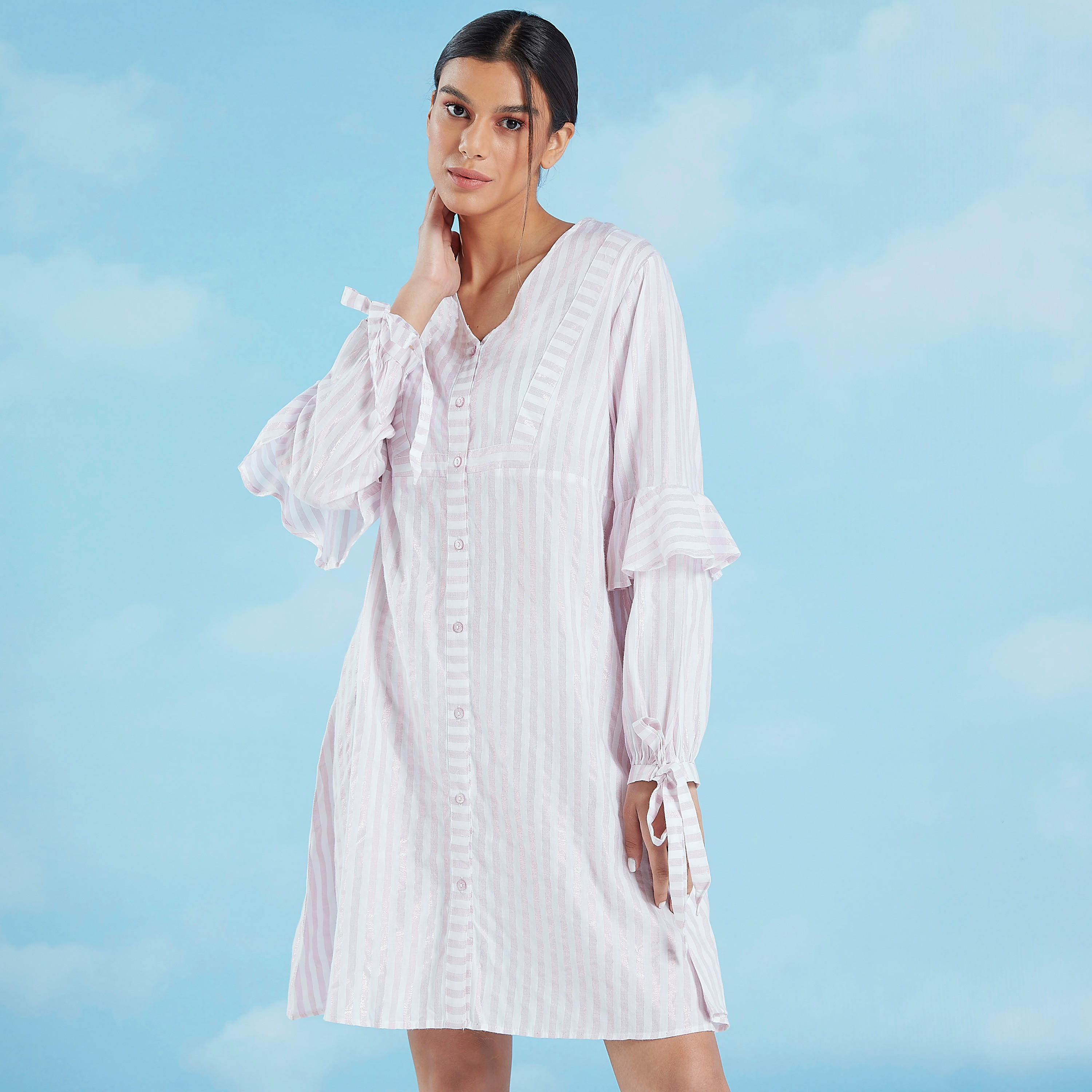 Striped Sleepshirt with V-neck and Long Sleeves-women-clothing-nightwear-nighties-image-1