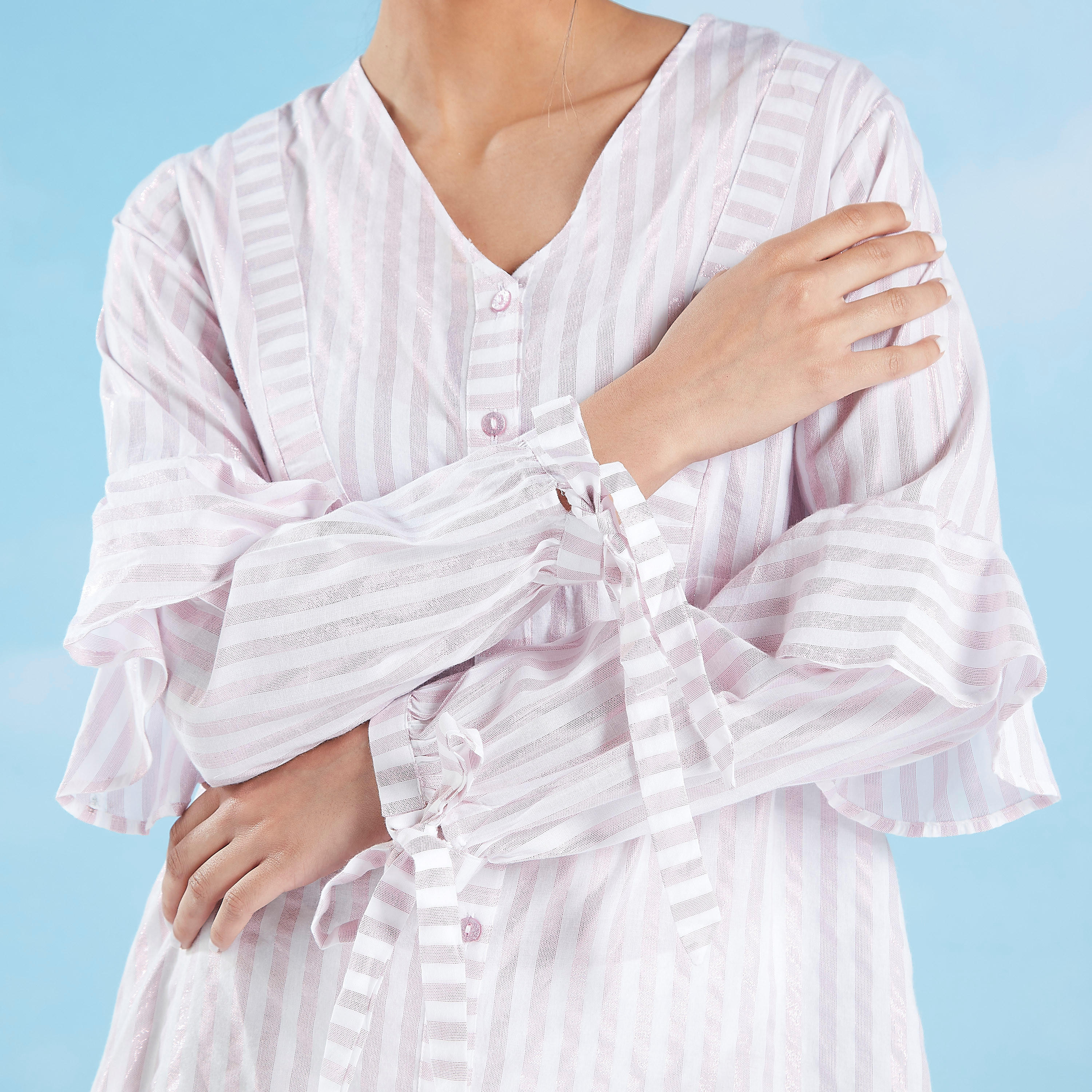 Striped Sleepshirt with V-neck and Long Sleeves-women-clothing-nightwear-nighties-image-3