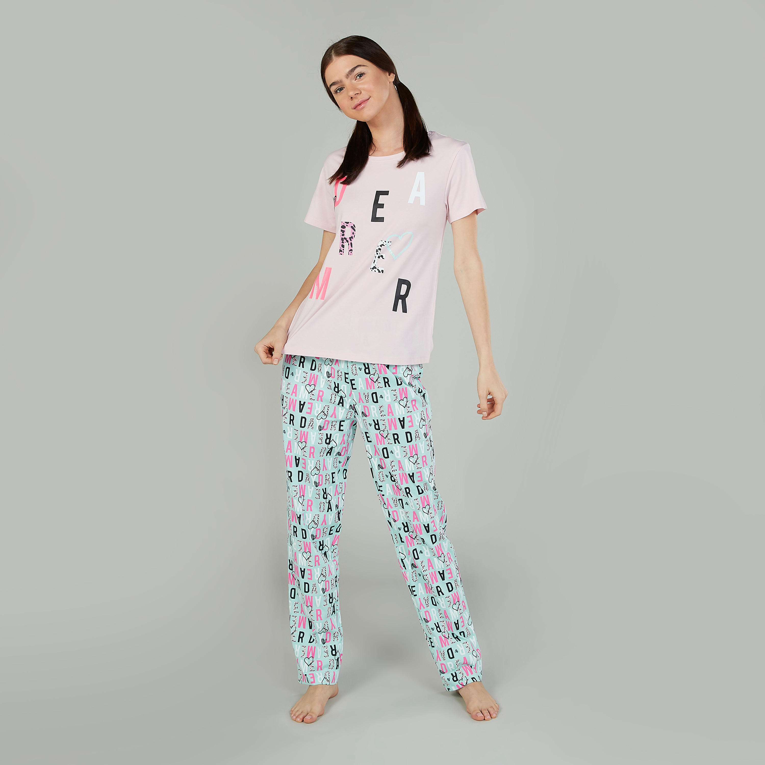 Printed Round Neck T-shirt and Full Length Pyjama Set-women-clothing-nightwear-pyjamas-longsets-image-1