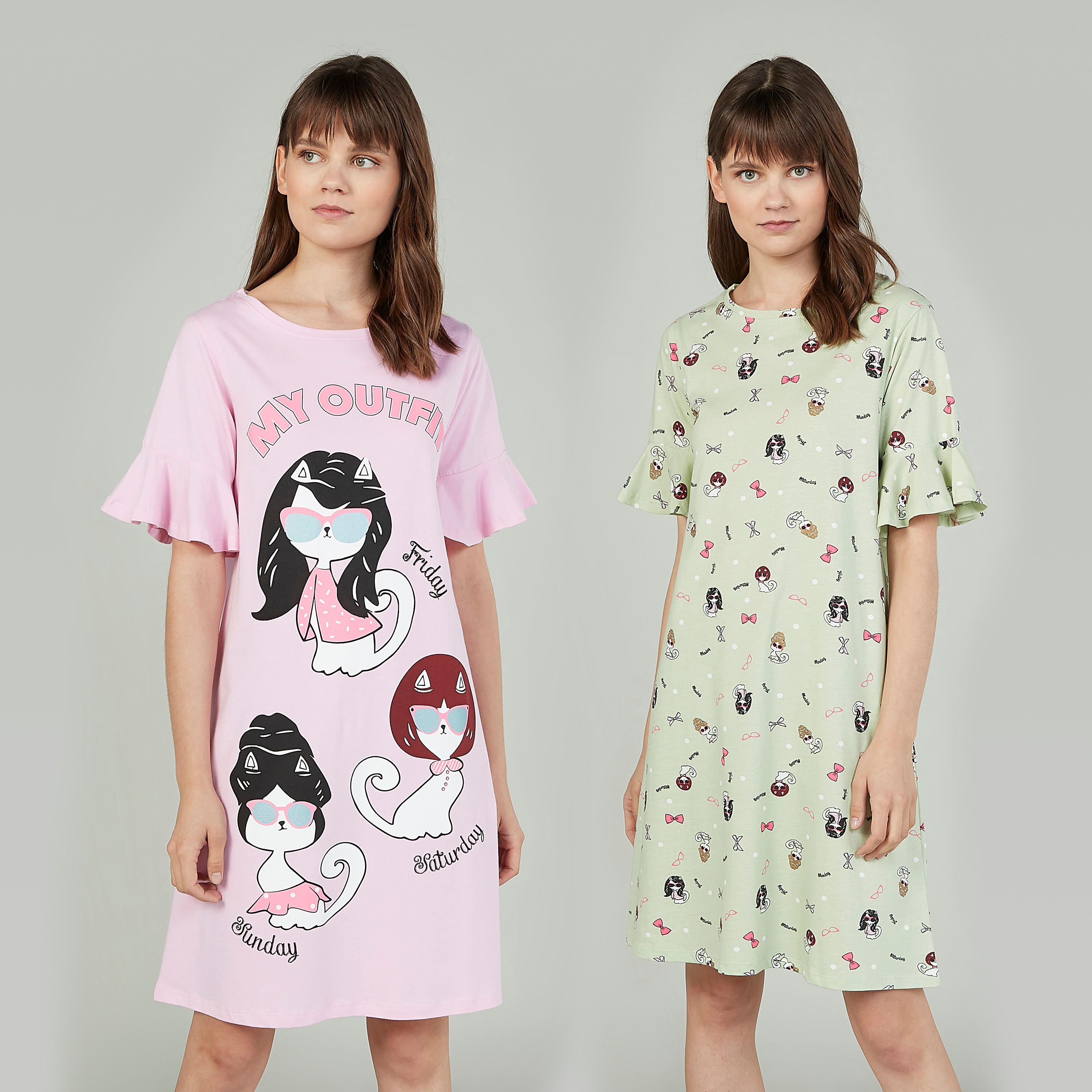 فستان نوم مستدام بأكمام واسعة وطبعات - طقم من قطعتين-women-clothing-nightwear-nighties-image-1