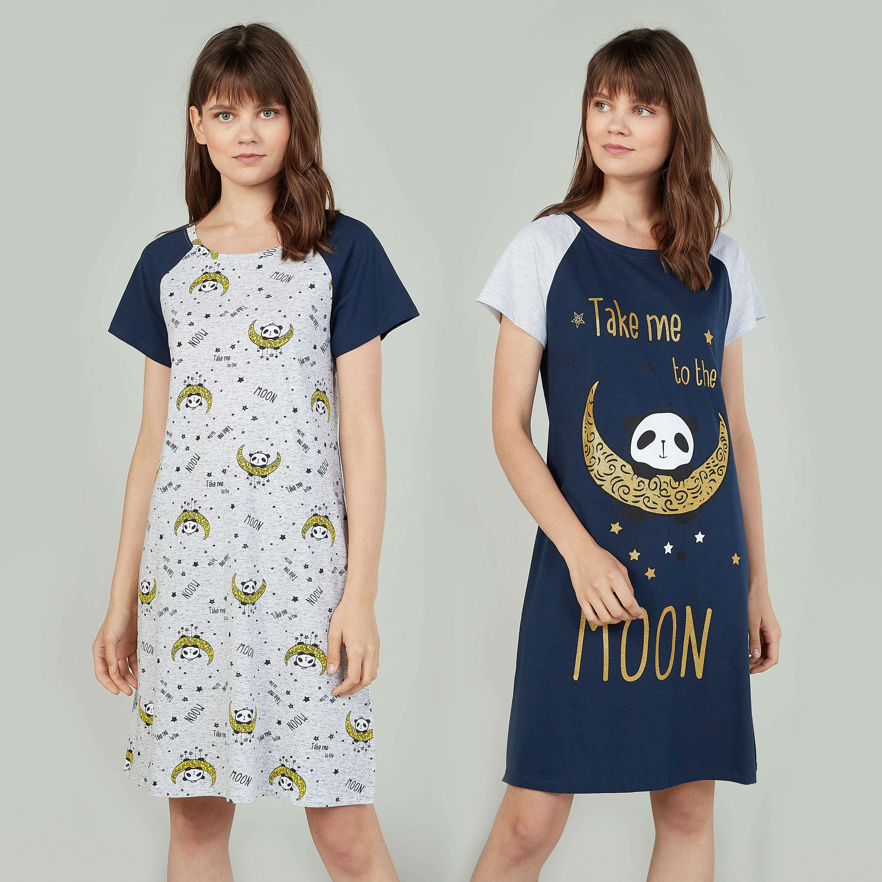 فستان نوم مستدام بأكمام مغايرة وطبعات- طقم من قطعتين-women-clothing-nightwear-nighties-image-1
