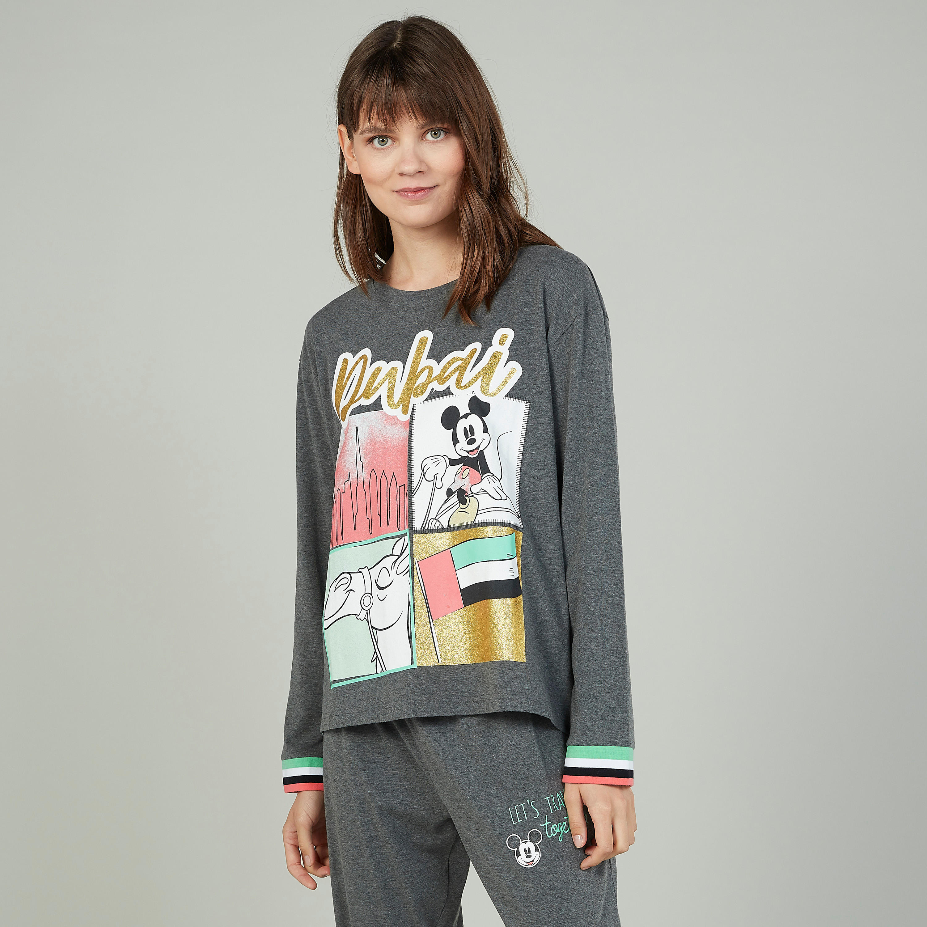 طقم بنطلون رياضي طويل مع تيشيرت بأكمام طويلة وطبعات ميكي ماوس-women-clothing-nightwear-pyjamas-longsets-image-3