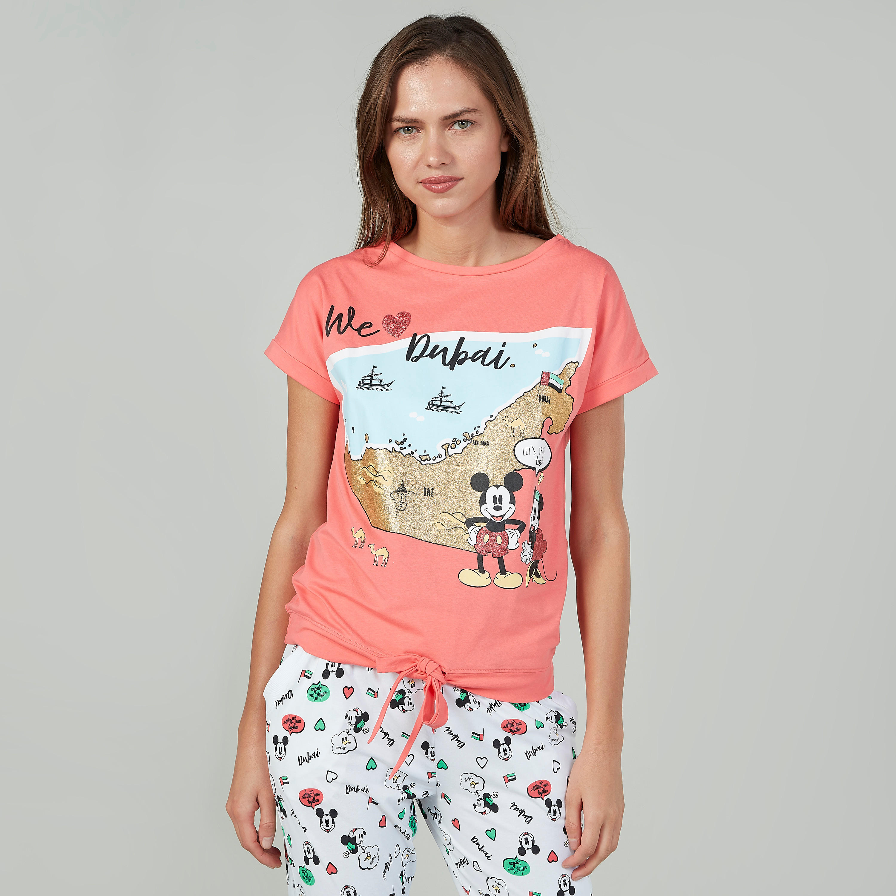طقم بنطلون رياضي طويل مع تيشيرت بياقة مستديرة وطبعات ميكي ماوس-women-clothing-nightwear-pyjamas-longsets-image-2