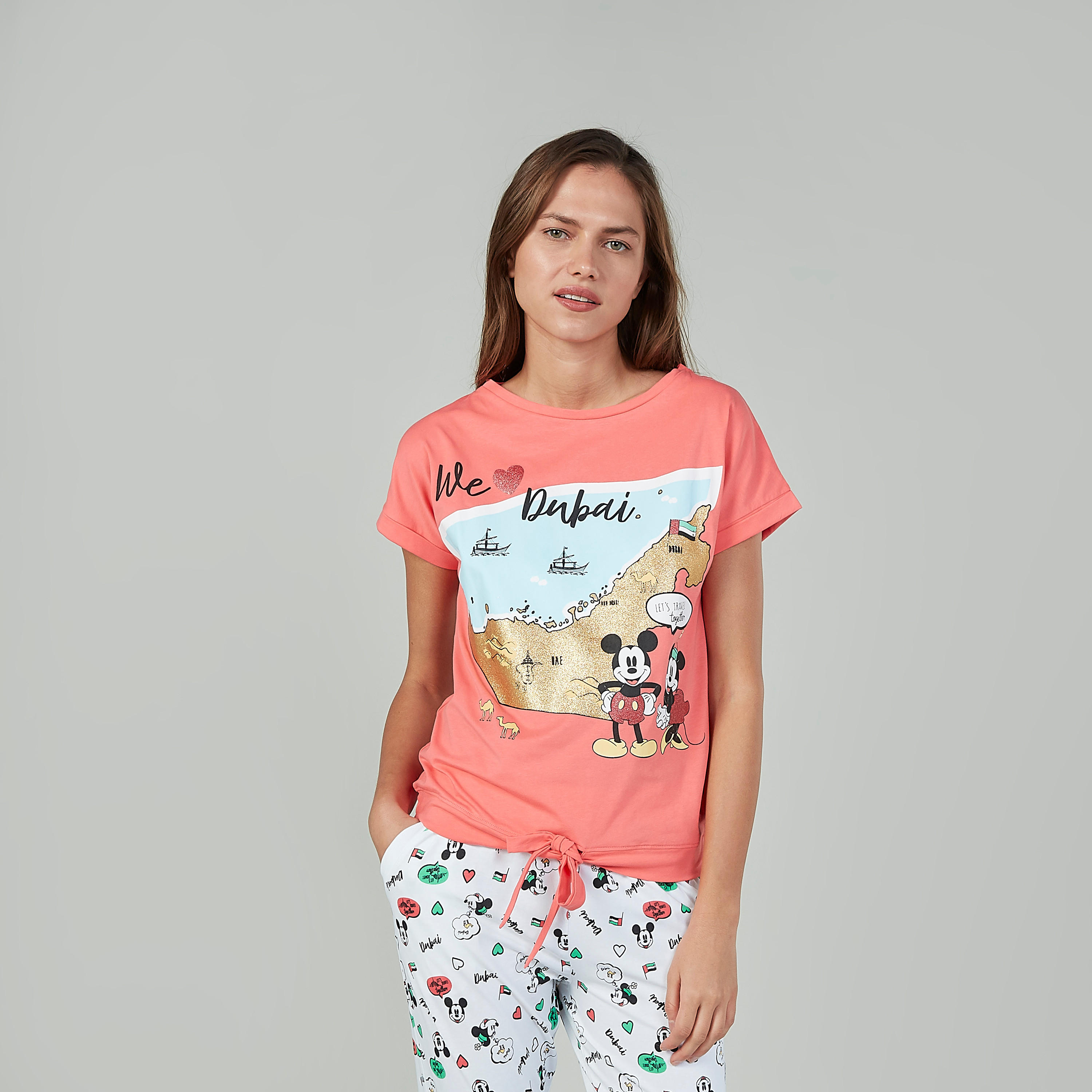 طقم بنطلون رياضي طويل مع تيشيرت بياقة مستديرة وطبعات ميكي ماوس-women-clothing-nightwear-pyjamas-longsets-image-3