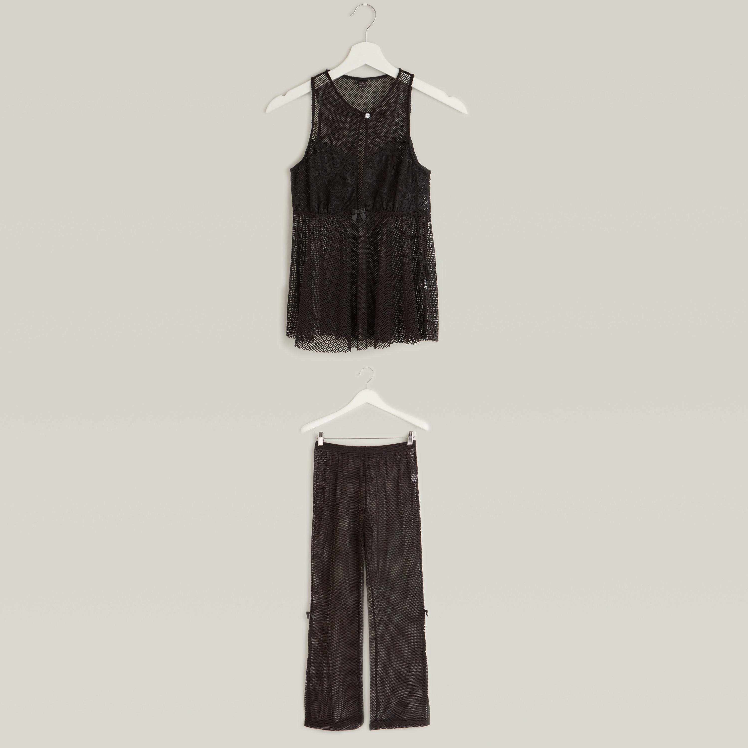 طقم بنطلون بيجاما طويل وبلوزة بارزة الملمس دون أكمام بياقة V-women-clothing-nightwear-pyjamas-longsets-image-1