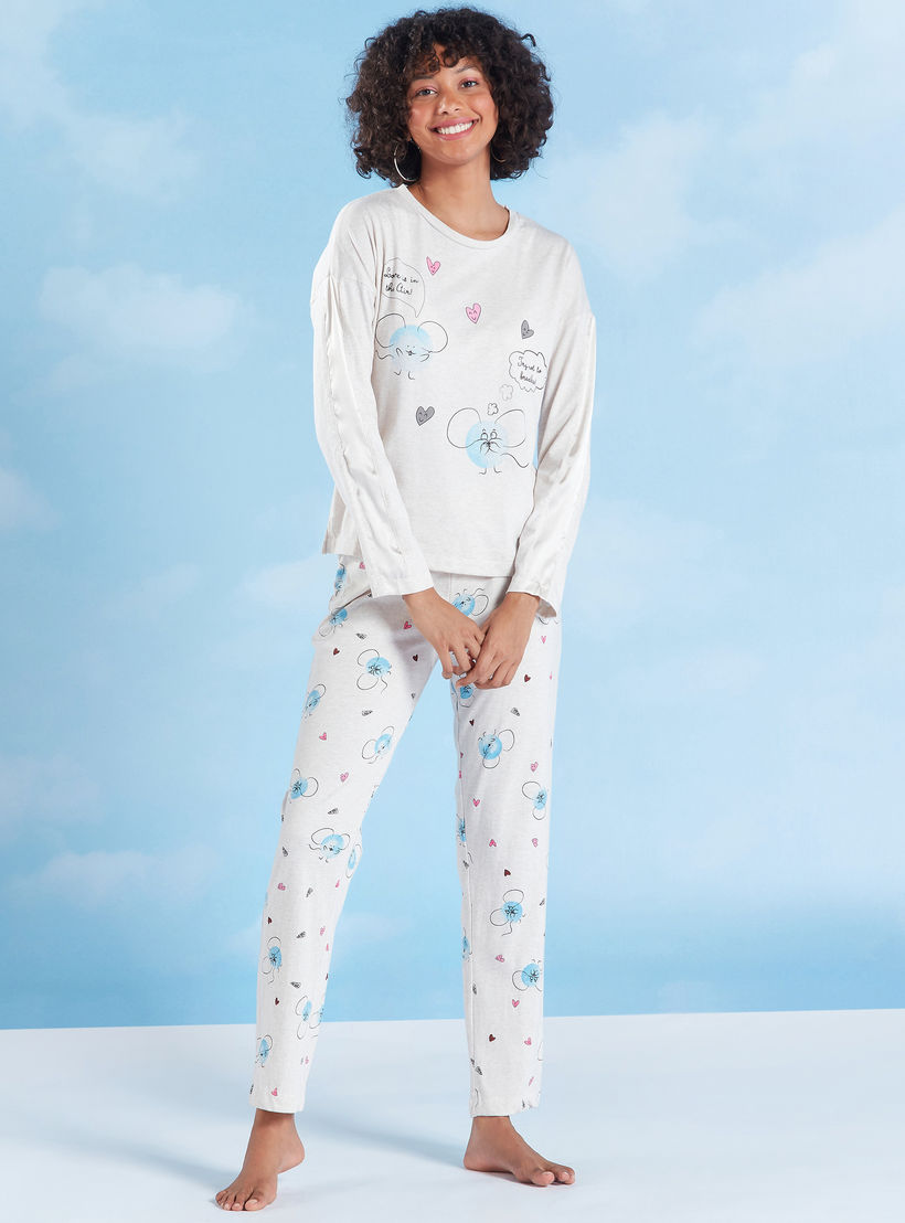 طقم بنطلون بيجاما طويل وتيشيرت بأكمام طويلة وطبعات-women-clothing-nightwear-pyjamas-longsets-image-3