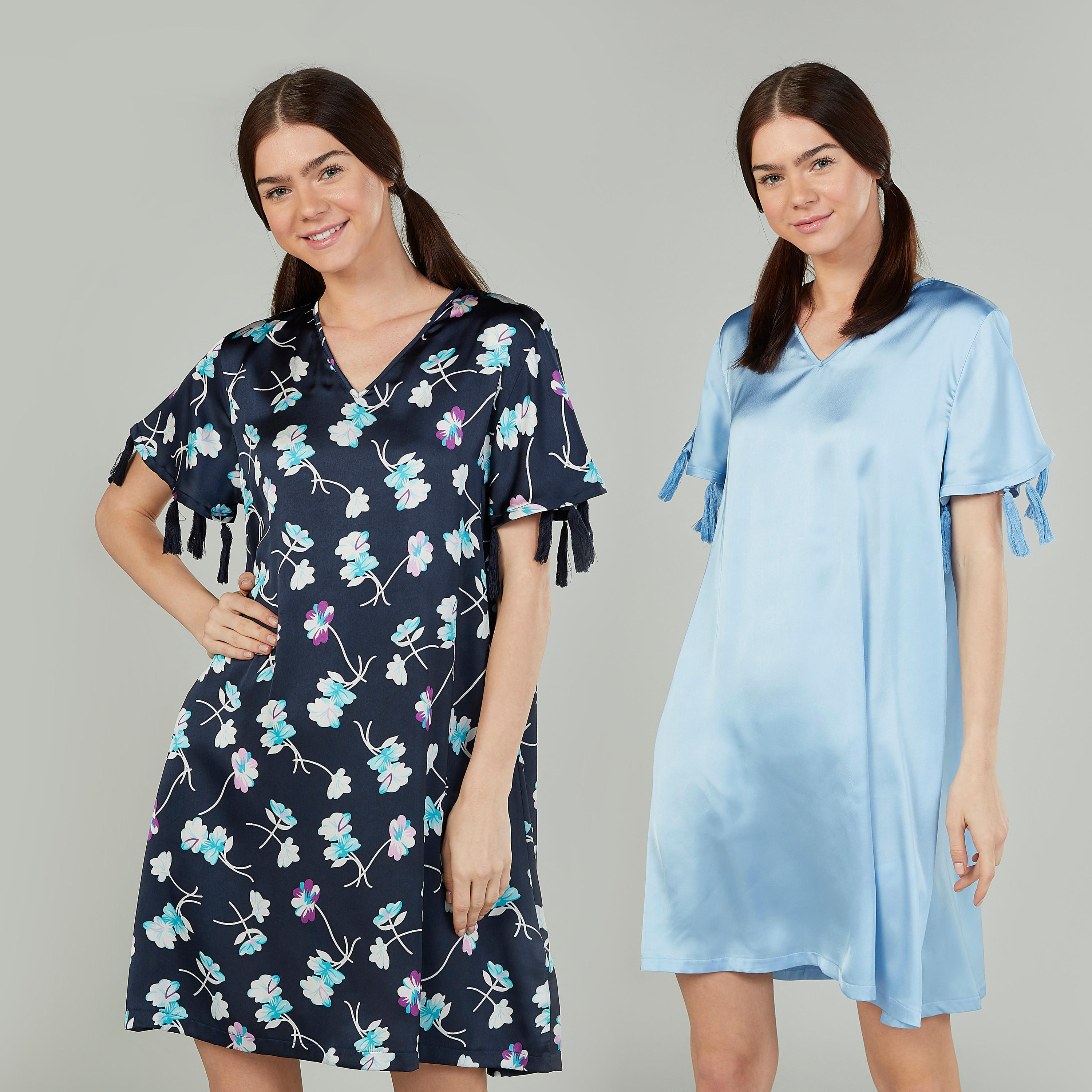 قميص نوم بياقة V وأكمام قصيرة بألوان متعددة - طقم من قطعتين-women-clothing-nightwear-nighties-image-1