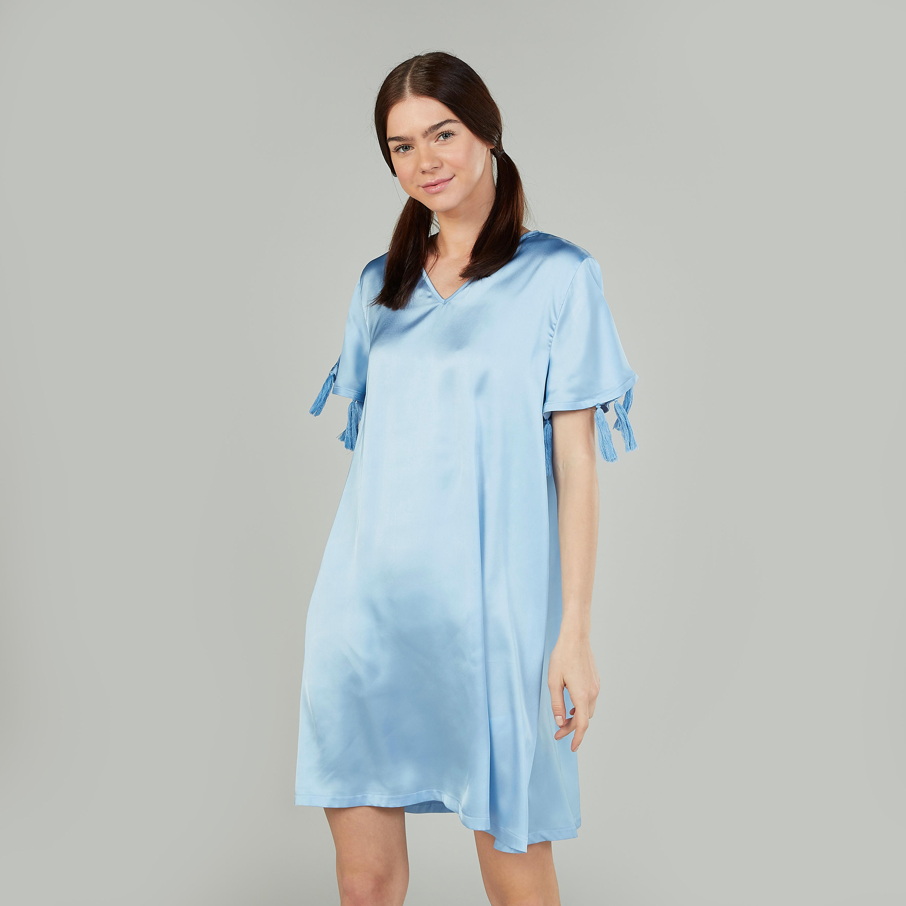قميص نوم بياقة V وأكمام قصيرة بألوان متعددة - طقم من قطعتين-women-clothing-nightwear-nighties-image-3