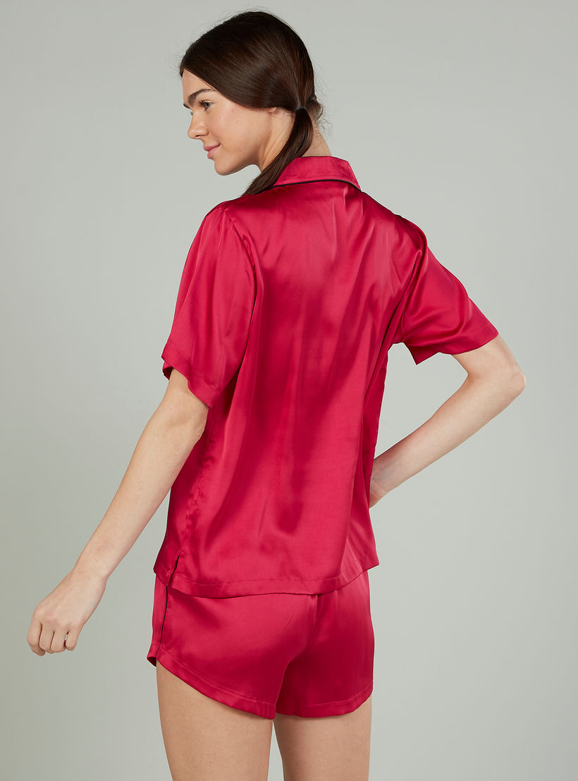 Plain Spread Collar Shirt with Shorts-women-clothing-nightwear-pyjamas-longsets-image-2