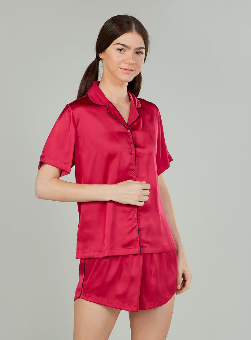 Plain Spread Collar Shirt with Shorts-women-clothing-nightwear-pyjamas-longsets-image-4