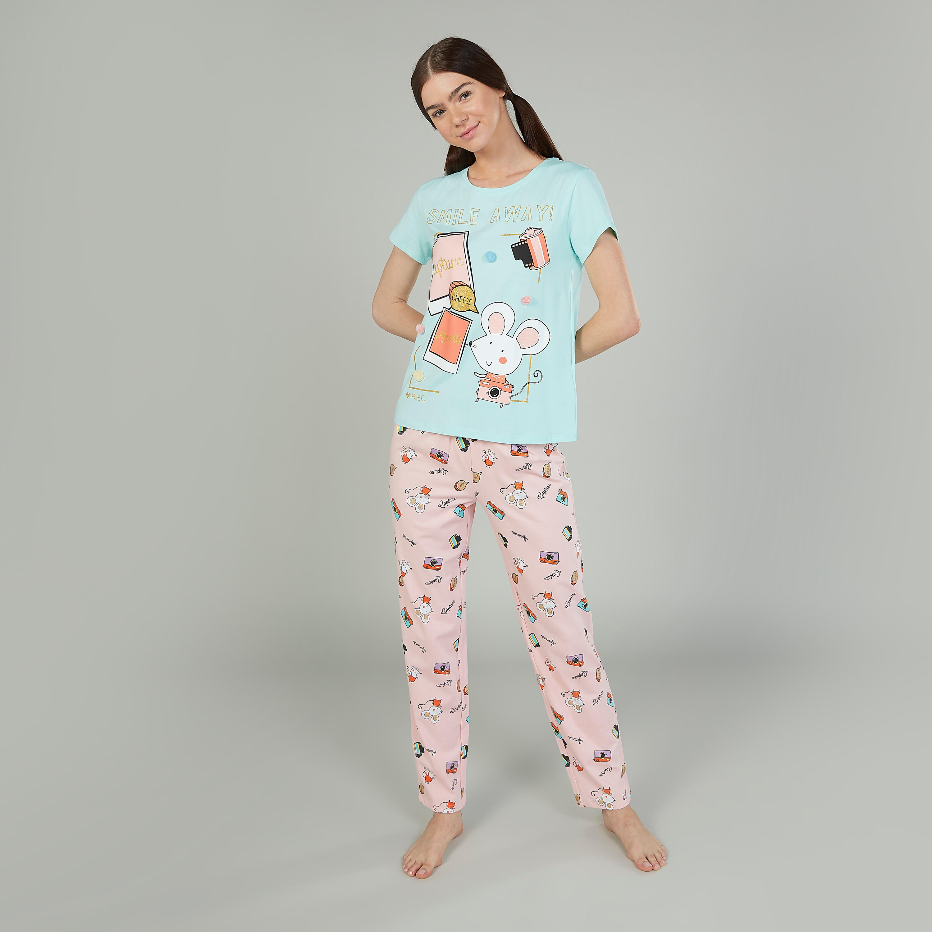 Printed Round Neck T-shirt and Full Length Pyjama Set-women-clothing-nightwear-pyjamas-longsets-image-1