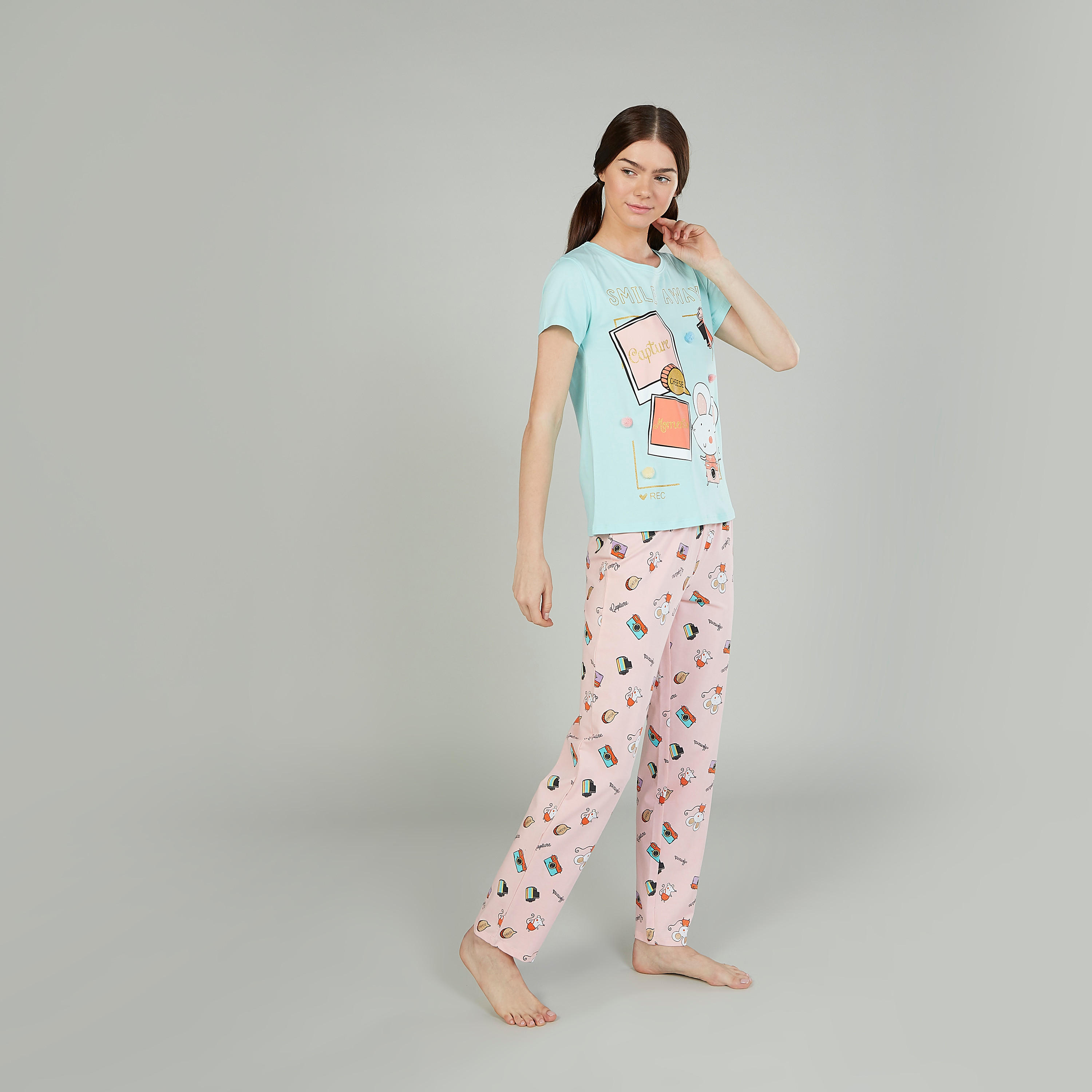 Printed Round Neck T-shirt and Full Length Pyjama Set-women-clothing-nightwear-pyjamas-longsets-image-4